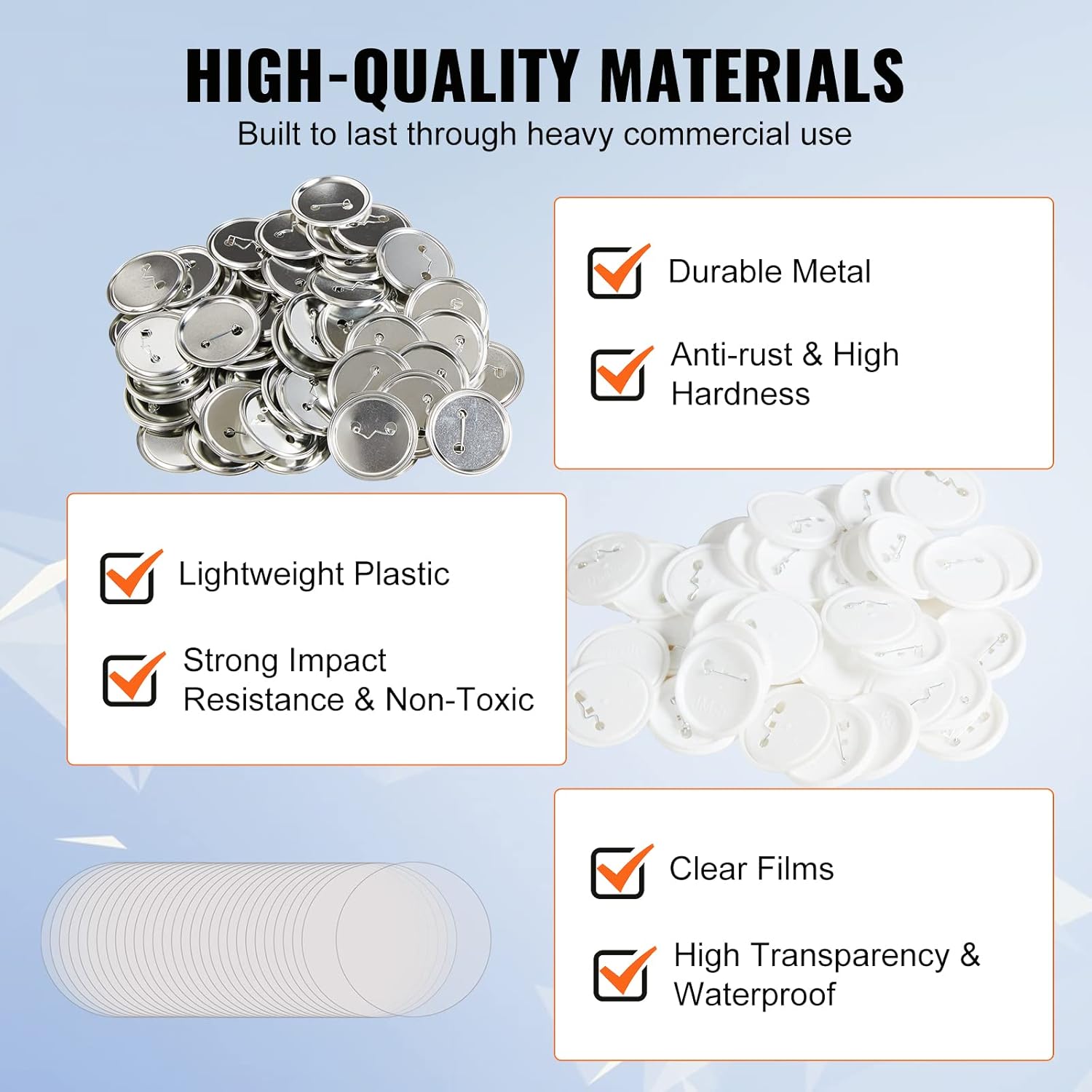 VEVOR 500 Sets 2.25 inch 58mm Pin Back Button Parts for Button Maker Machine, DIY Round Button Badge Parts, Set Includes Metal Top, Plastic/Metal Button, Clear Film, and Blank Paper For Gifts Presents