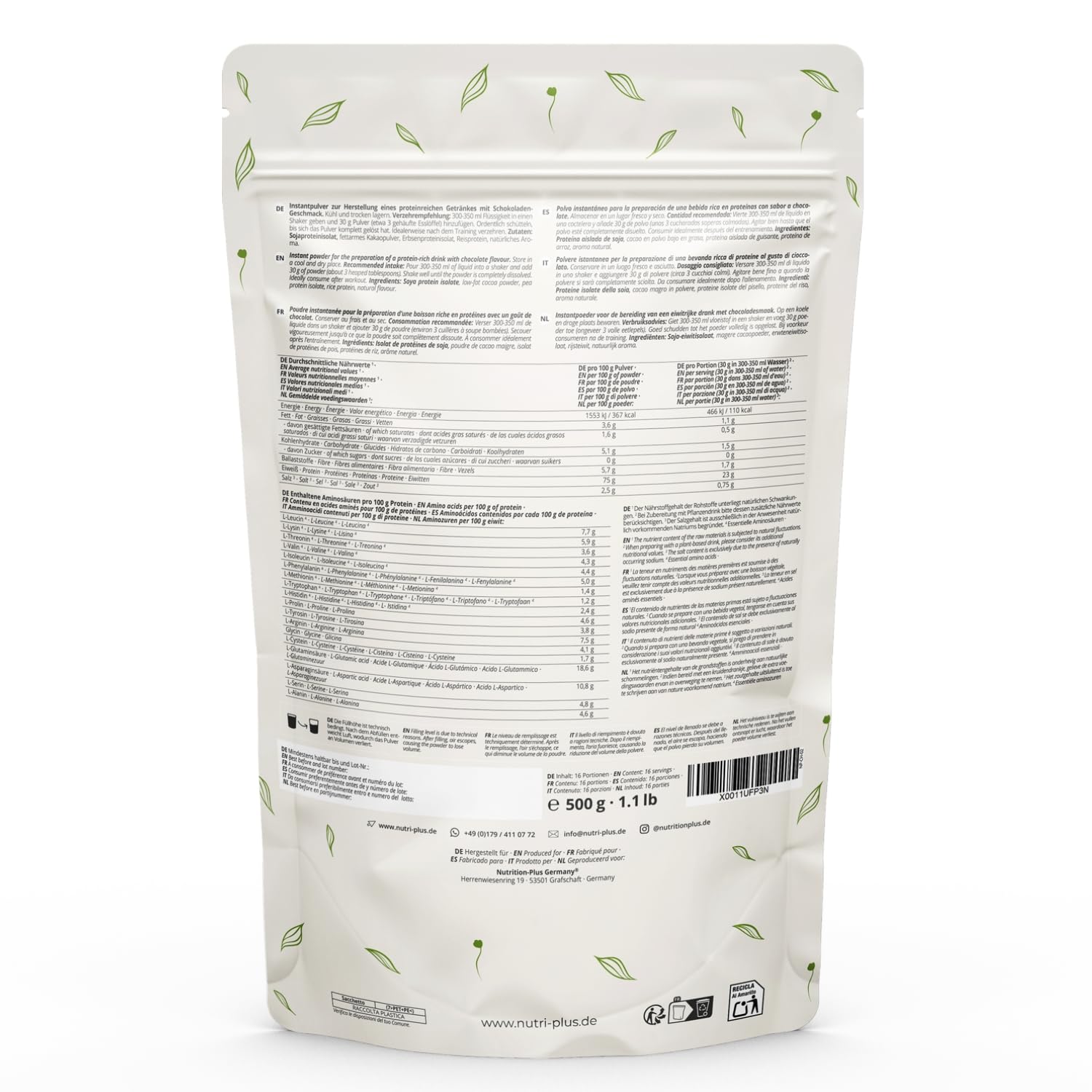 nutri+ Proteine in Polvere Naturali Cioccolato senza Edulcoranti 500g Proteina di Soia e Piselli Bibita Sportiva senza Lattosio per Shake o per Cucinare senza Glutine Vegano