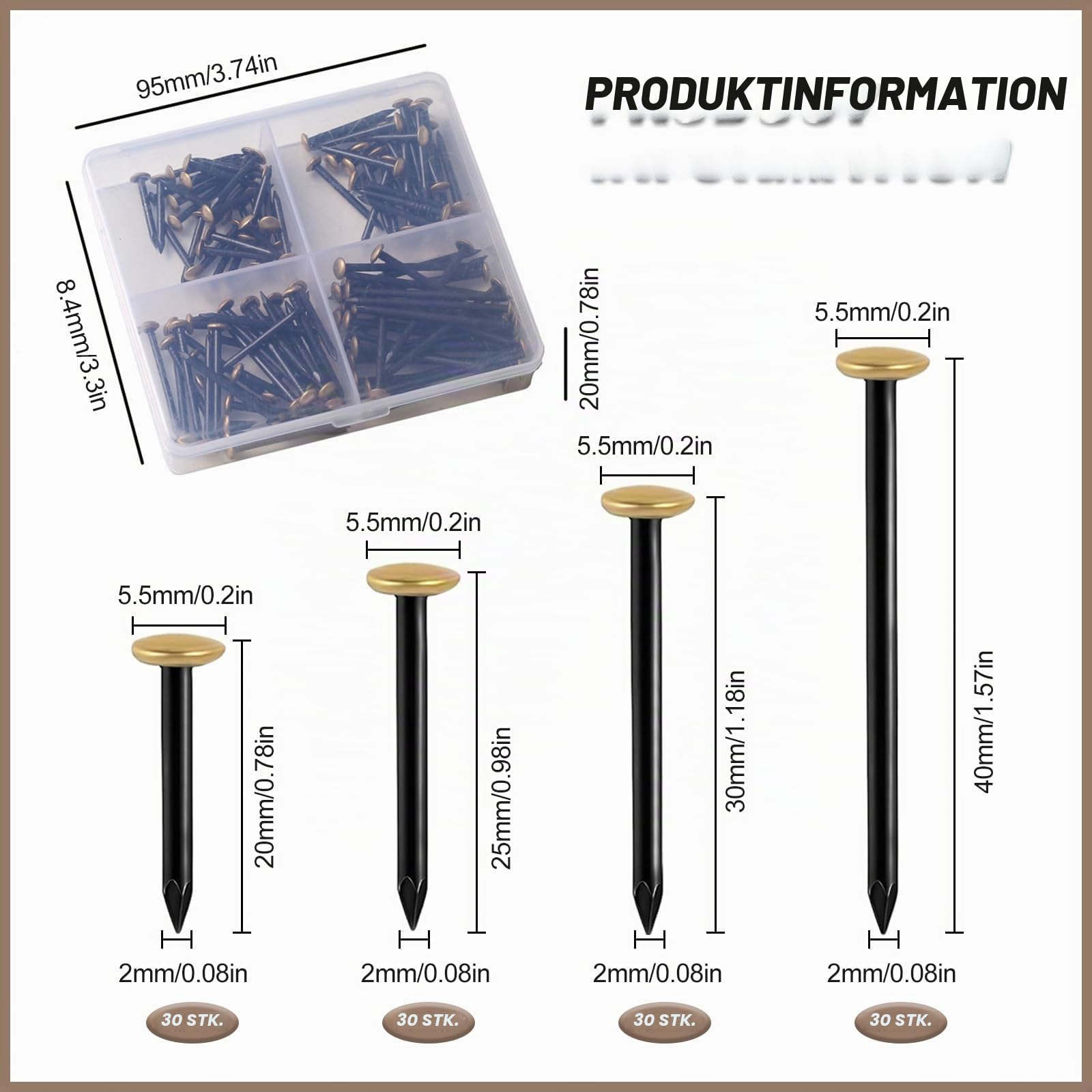 70 Pointes D'acier S&S-Shop – 20 Mm, Tête Laiton, Pour Tableaux Et Cadres