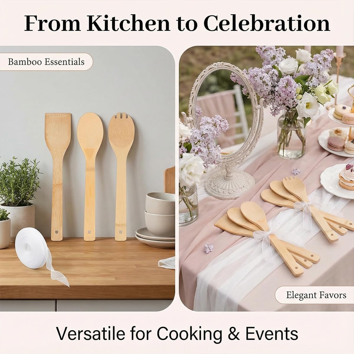 72 Pcs Bamboo Wooden Utensils Set, 24 Slotted Spatula 24 Round Spoon 24 Spork 12 Inch Cooking Tools with 5 Rolls Ribbon for Bridal Wedding Party Favors Housewarming Gifts, Nonstick Wood Spatula