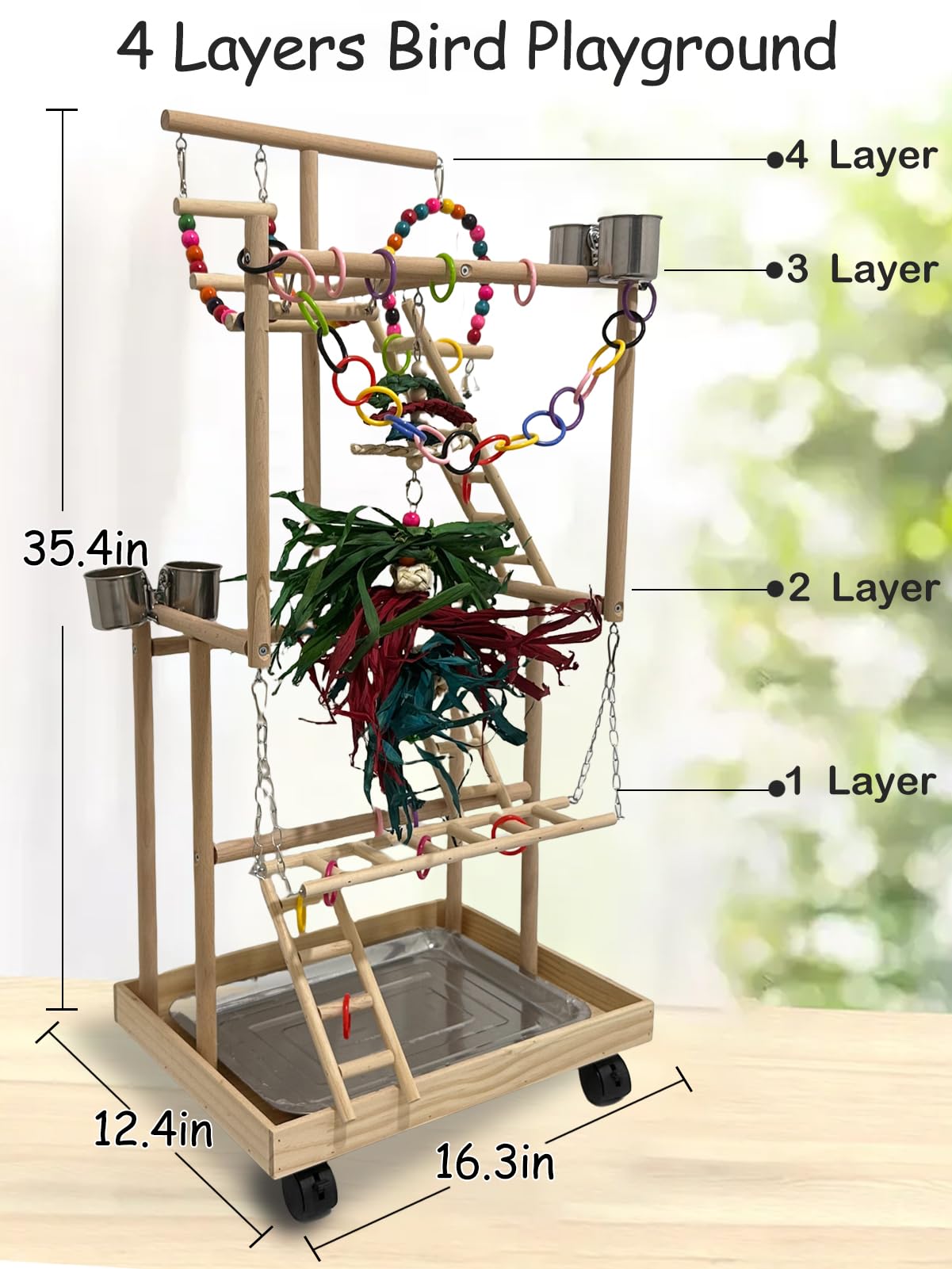 Parque Infantil Grande de Madera de 4 Niveles con Ruedas, Soporte de Madera Natural para Loros, Soporte para pájaros con Escalera, Accesorios de Juguete para cacatúa, cacatúa, cuáquero