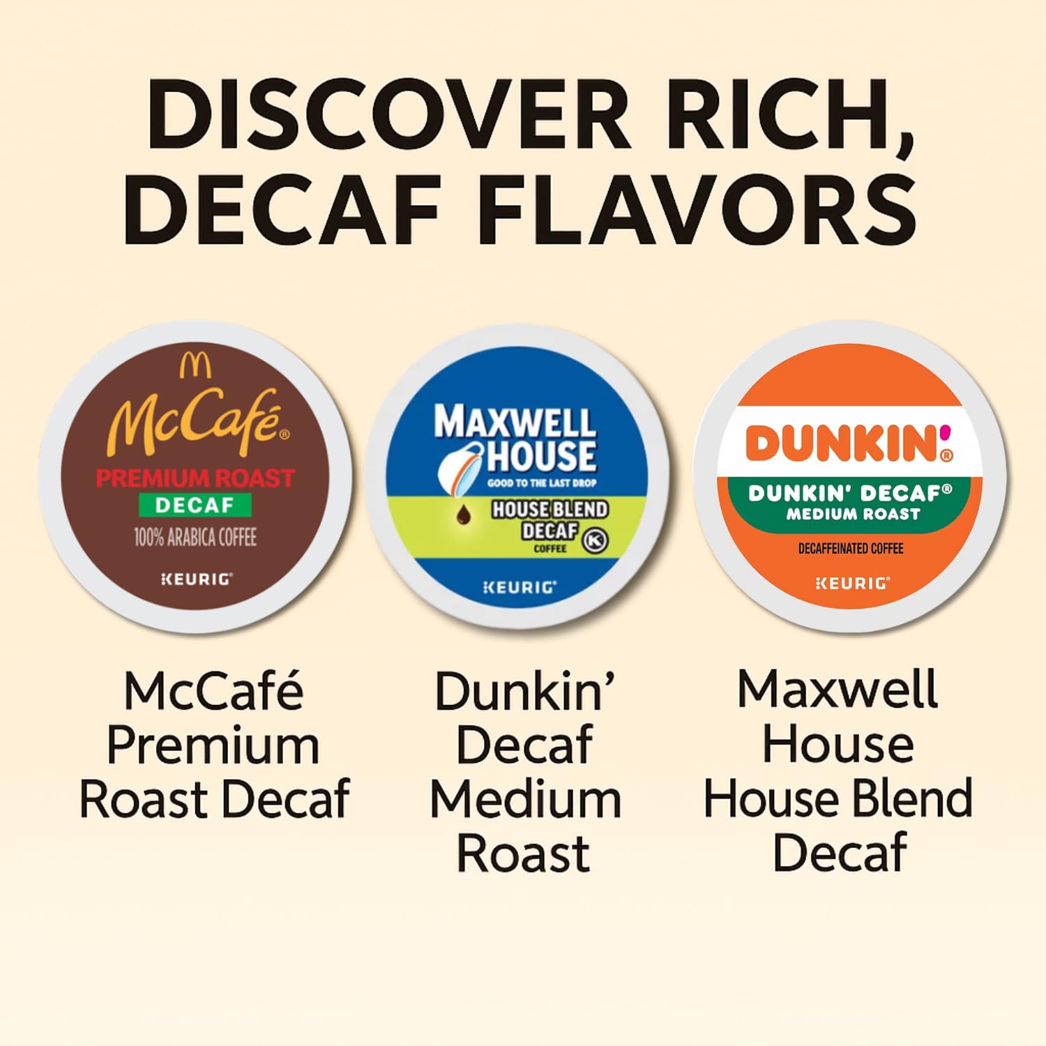 30-Pack Decaf Coffee K-Pods Variety: Dunkin, McDonalds Premium Roast, Maxwell-House Decaf Blends, Keurig-Compatible, Includes Coffee Recipe eBook