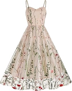 Women Vintage Spaghetti Strap Cami 1950s Rockabilly Prom Swing Dress Elegant Embroidered Cocktail Tea Party Dresses - Buy now