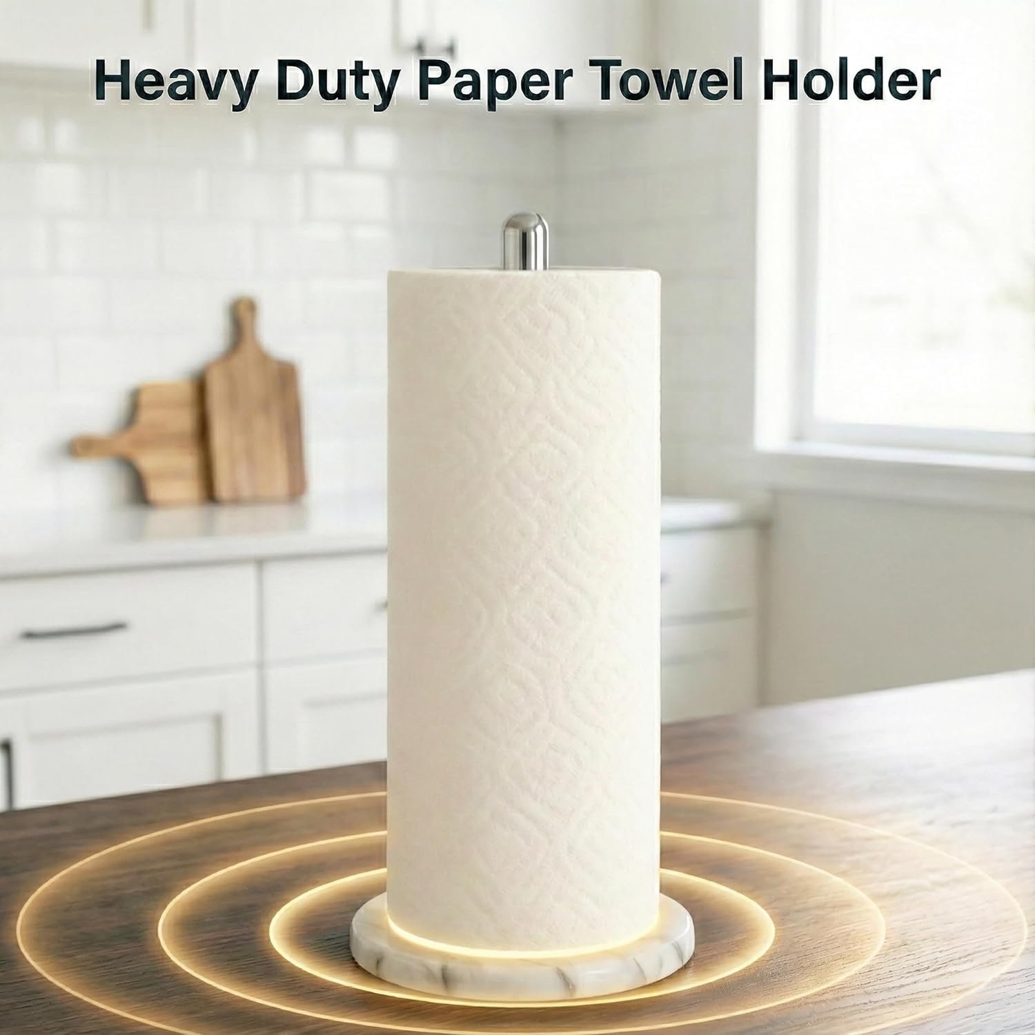 Creative Home Natural Marble Base Paper Towel Holder Countertop, Stable Roll Dispenser with Chrome-Plated Pole for Kitchen Bathroom, Elegant Organization Décor, 5.5 D x 12.6 H Inch, Off-White