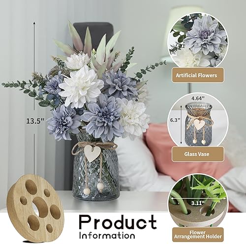 Miniatura 3 de Flores artificiales en jarrón, 8 dalias, flores artificiales de seda en jarrón, centros de mesa para decoración, flores falsas en jarrón con un