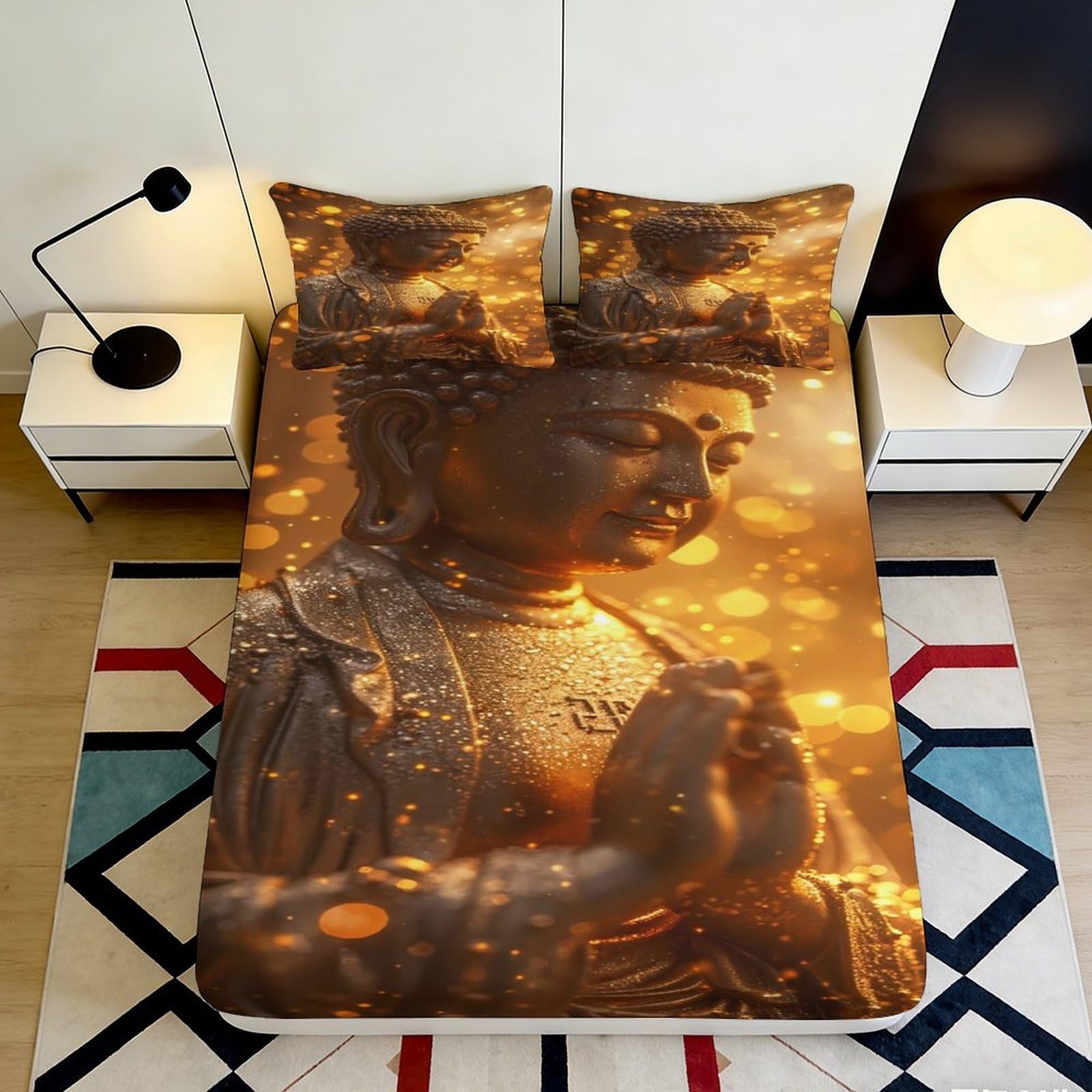 3D Printed Golden Buddha Fitted Sheet Microfiber Soft Artistic Zen Bed Cover for Bedroom Guest Room Decor 90x200x25cm