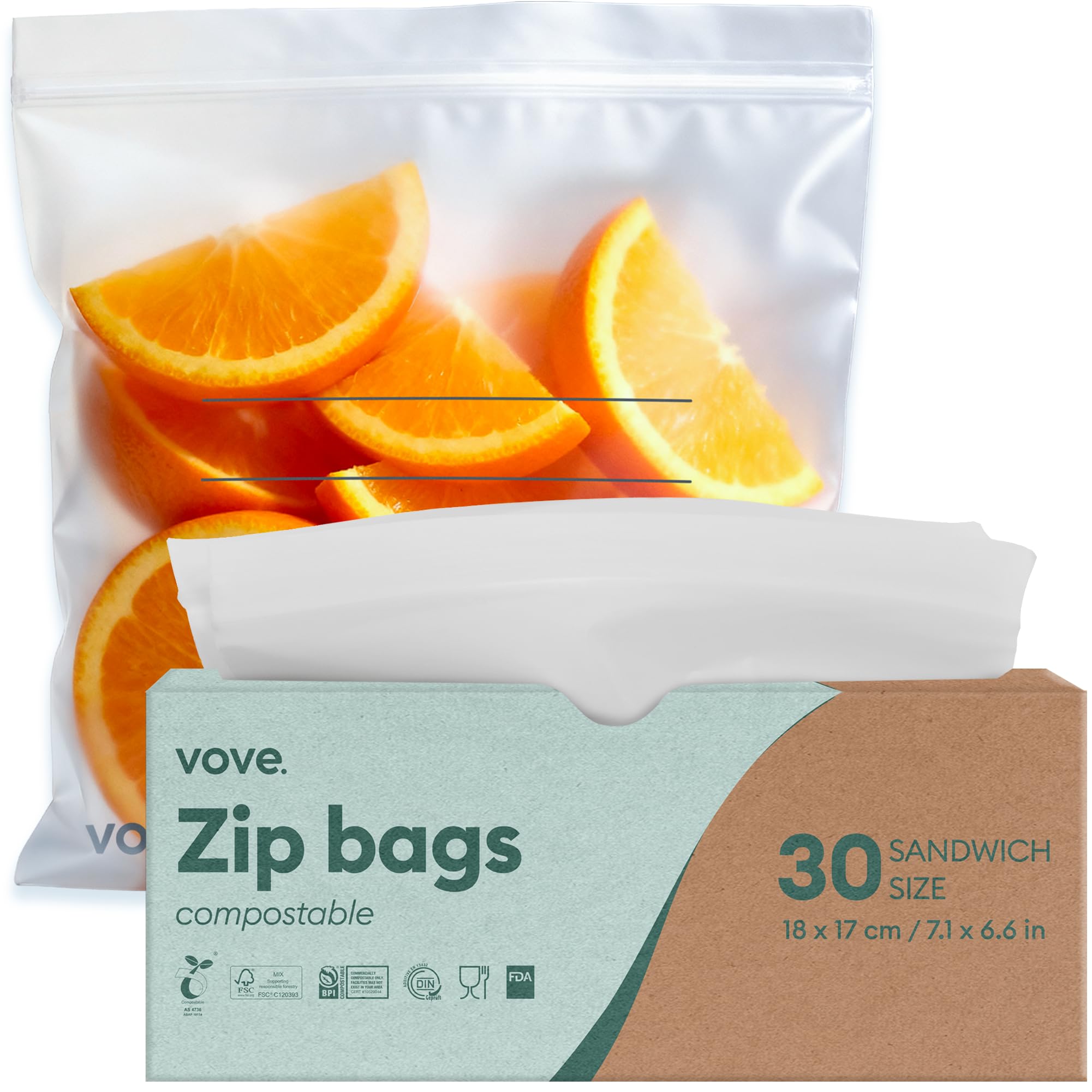Vove Compostable Sandwich Bags, Medium 30 Count – Freezer Safe, Leak Proof, Non Toxic, Writable Surface for School Lunches & Meal Prep, Eco-Friendly