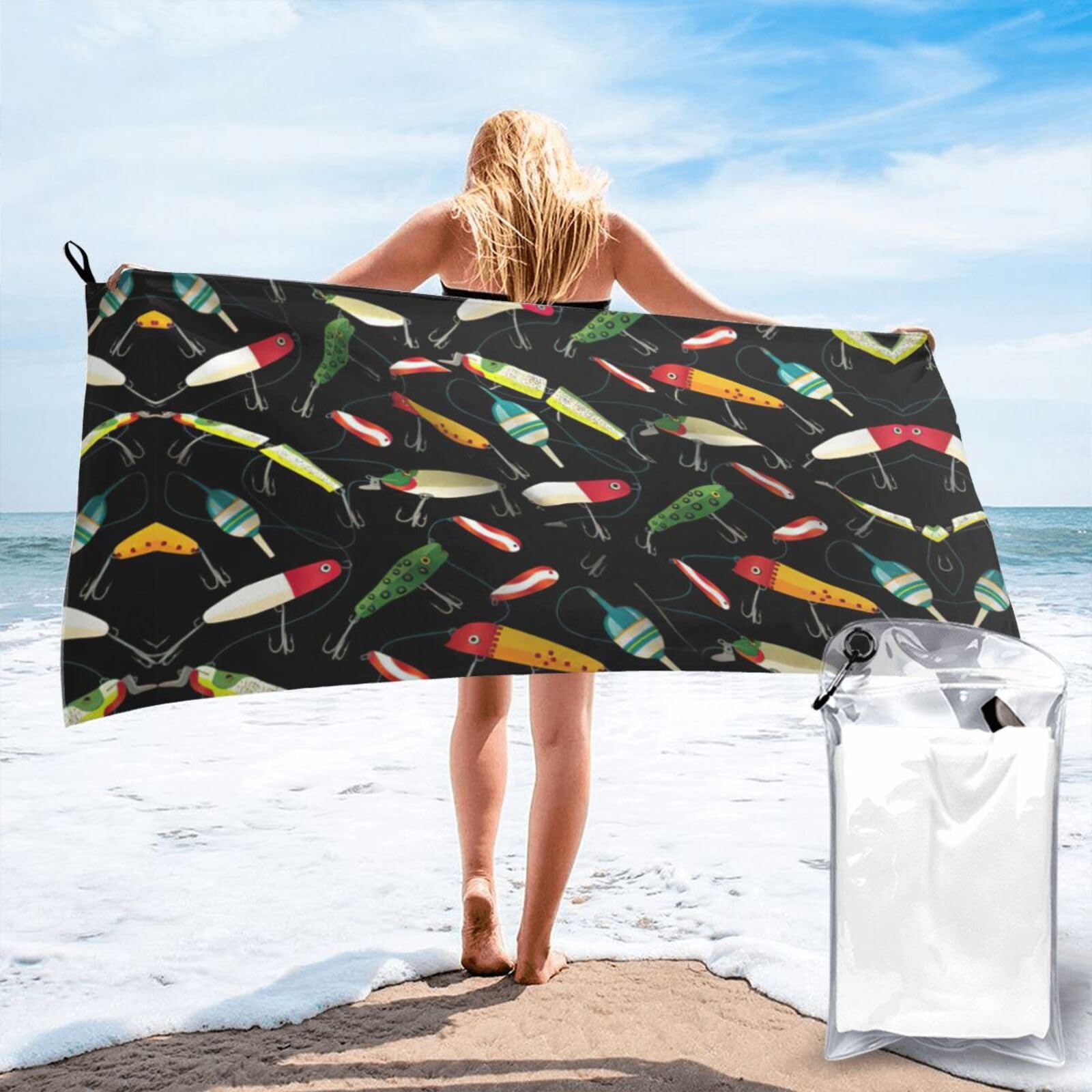 SDEGTHO Fishing Lure Print Beach Towel Quick Dry Portable For Swimming Yoga Adults Fitness