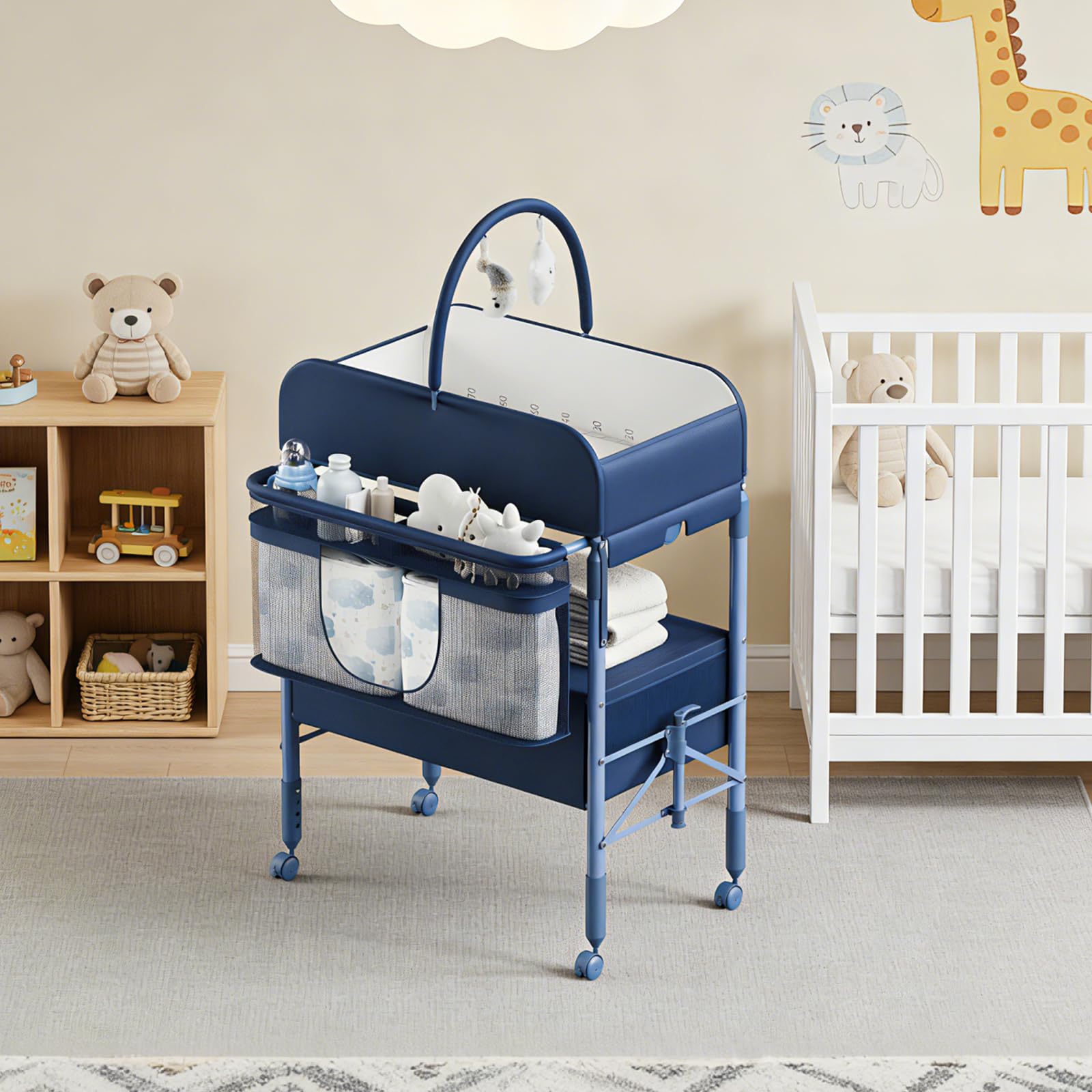 Fasciatoio Portatile E Pieghevole, Stazione Portatile, Altezza Regolabile, Materasso Impermeabile, Cassetti Di Conservazione Per Neonato E Neonato,Blu
