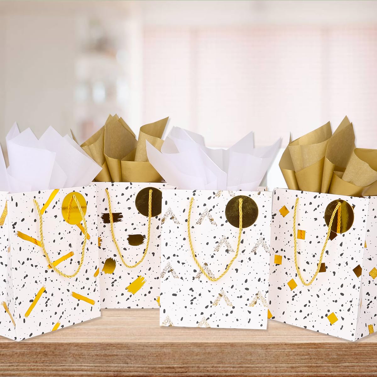 ZJHiome Medium Gift Bags, 4 Pack 9'' Gold Paper Bag with Tissue Paper Metallic Gift Bag for Graduation Birthday Anniversary Wedding Baby Shower(Gold)