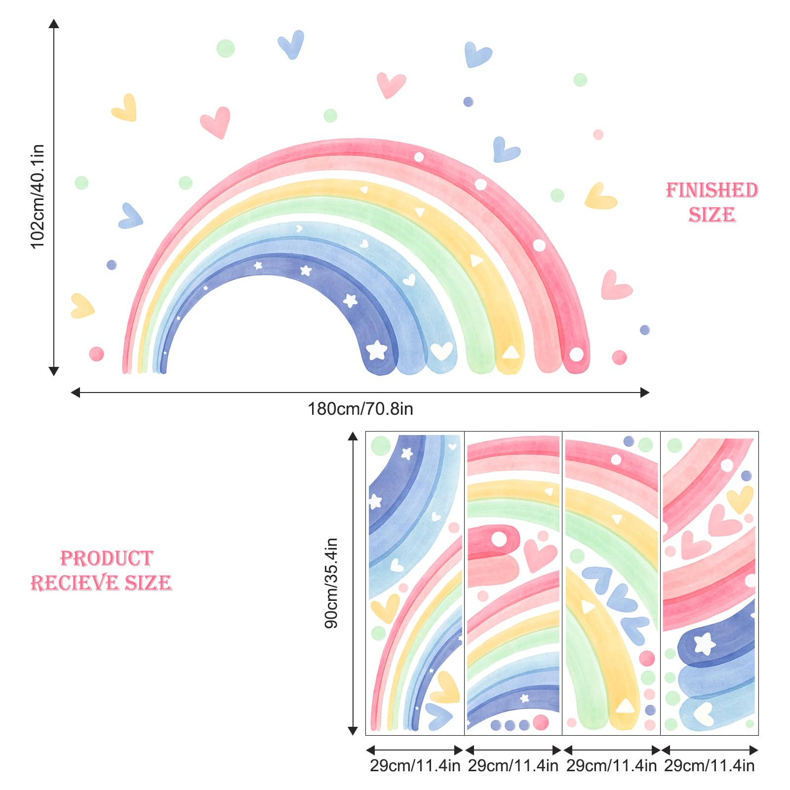 59"x30" Watercolor Rainbow Hearts Wall Stickers for Girls Nursery Large Rainbow Wall Decals Mural Peel and Stick Vinyl Wall Art for Kids Toddlers Bedroom Playroom Classroom Wall Decor - Image 4