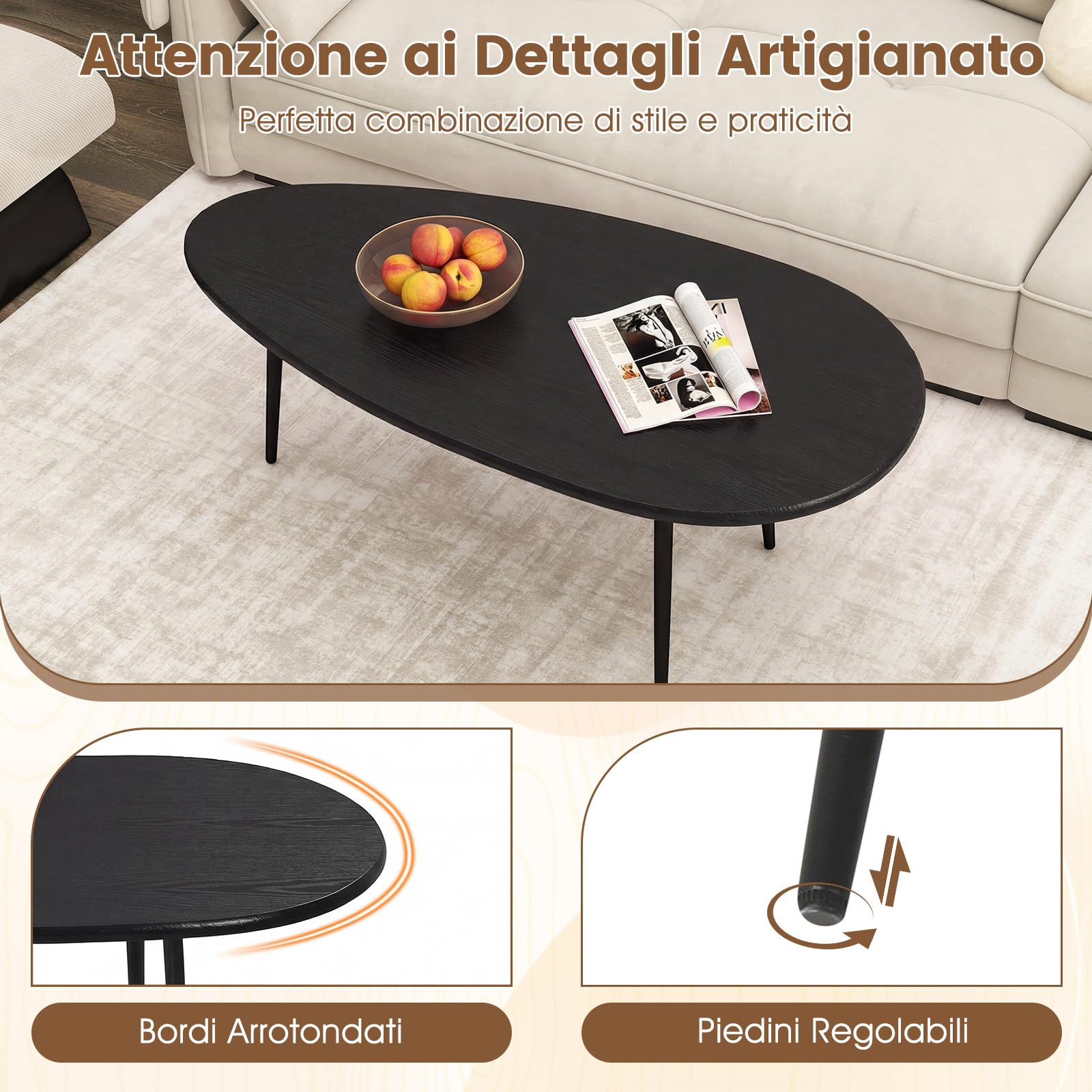 COSTWAY Tavolino da Salotto Ovale, Tavolino da Caffè con Struttura Metallica Robusta e Design Compatto, Tavolo Basso per Soggiorno, Ufficio e Lounge (Nero)