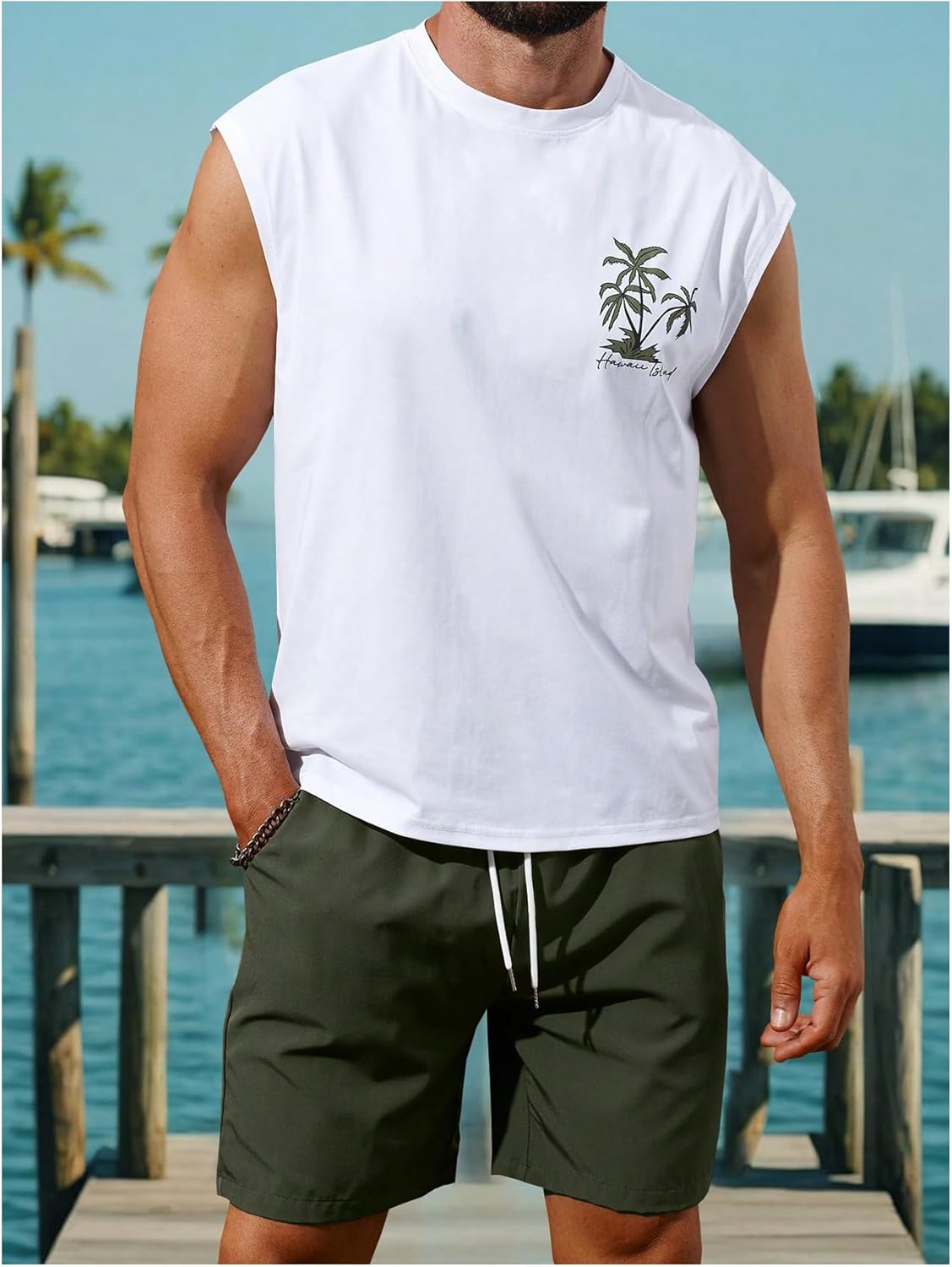 WDIRARA Men's 2 Piece Shorts Outfits Sleeveless Tank Shorts Set Beach Vacation Outfits Multicolor Medium - Image 4