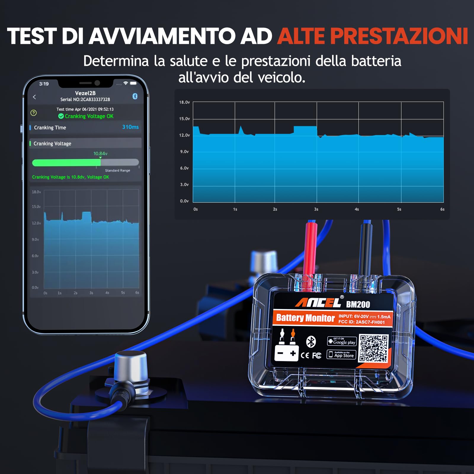 ANCEL BM200 Tester Batteria Auto 12V, Battery Monitor Bluetooth 4.2 Per batterie al litio e al piombo con allarme di prova di carica a manovella Registrazione dello storico della tensione
