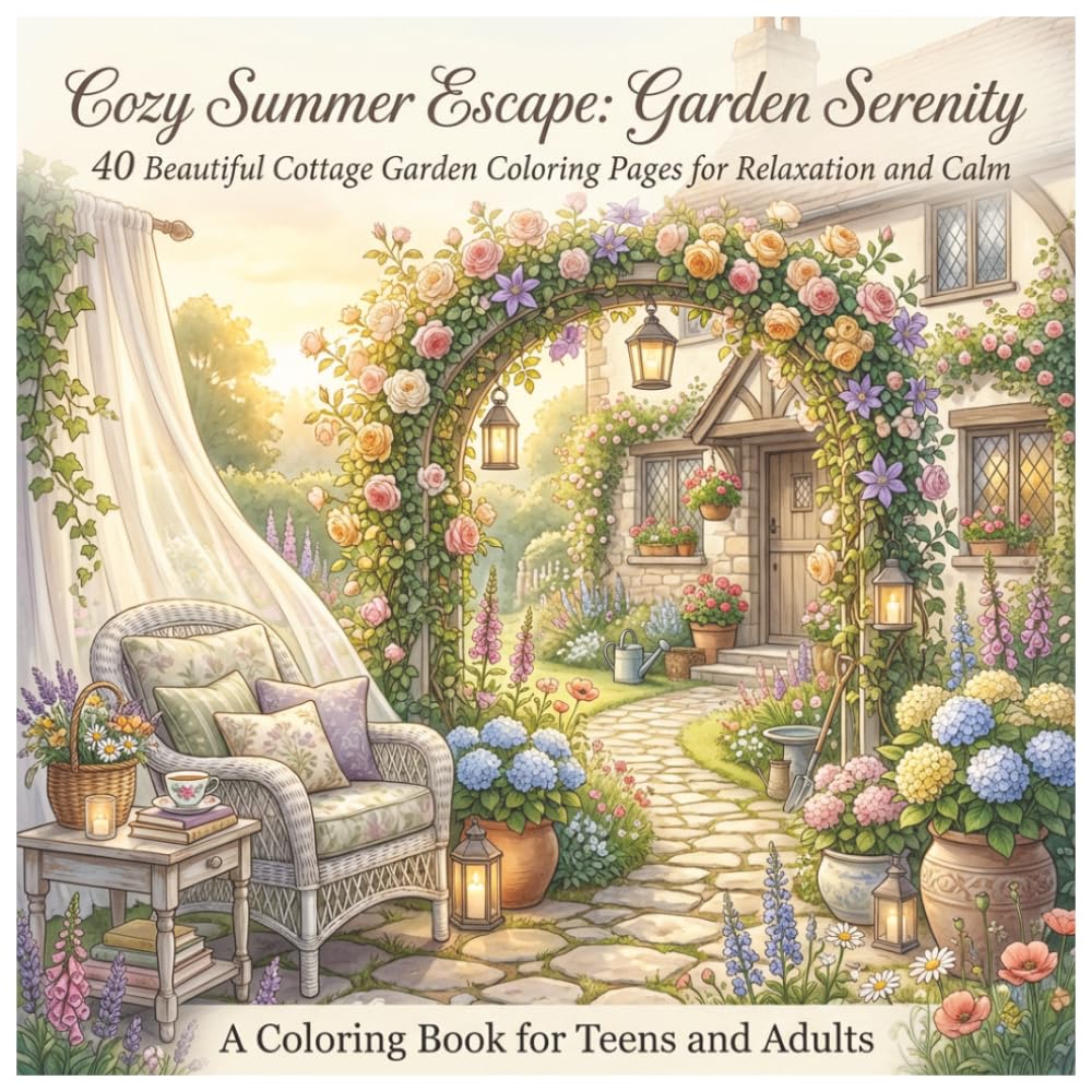 Cozy Summer Escape: Garden Serenity - 40 Beautiful Cottage Garden Coloring Pages for Relaxation and Calm: A Coloring Book for Teens and Adult (Cozy ... A Coloring Book Series for Teens and Adults)