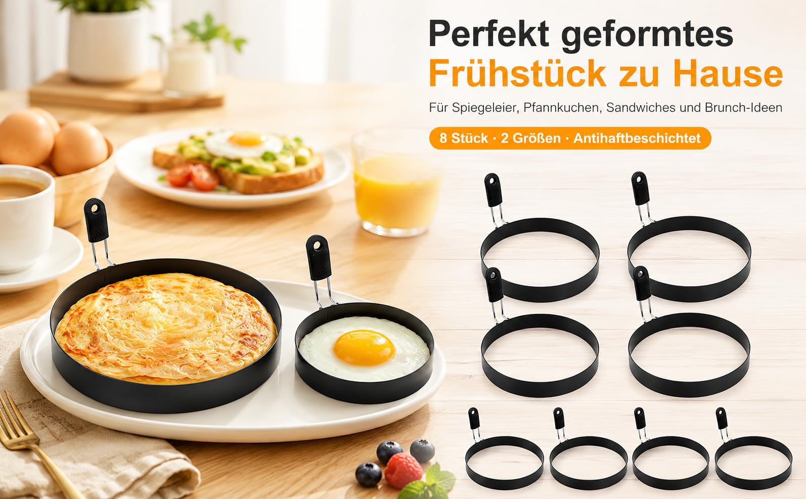 8 Stück Spiegeleiform Edelstahl Ei Ring, 4 x 9cm & 4 x 15cm Pancake Ringe Antihaft, Eierringe mit Griff, Egg Ring Molds für Spiegeleier, Sandwiches, Pfannkuchen, Hackbraten