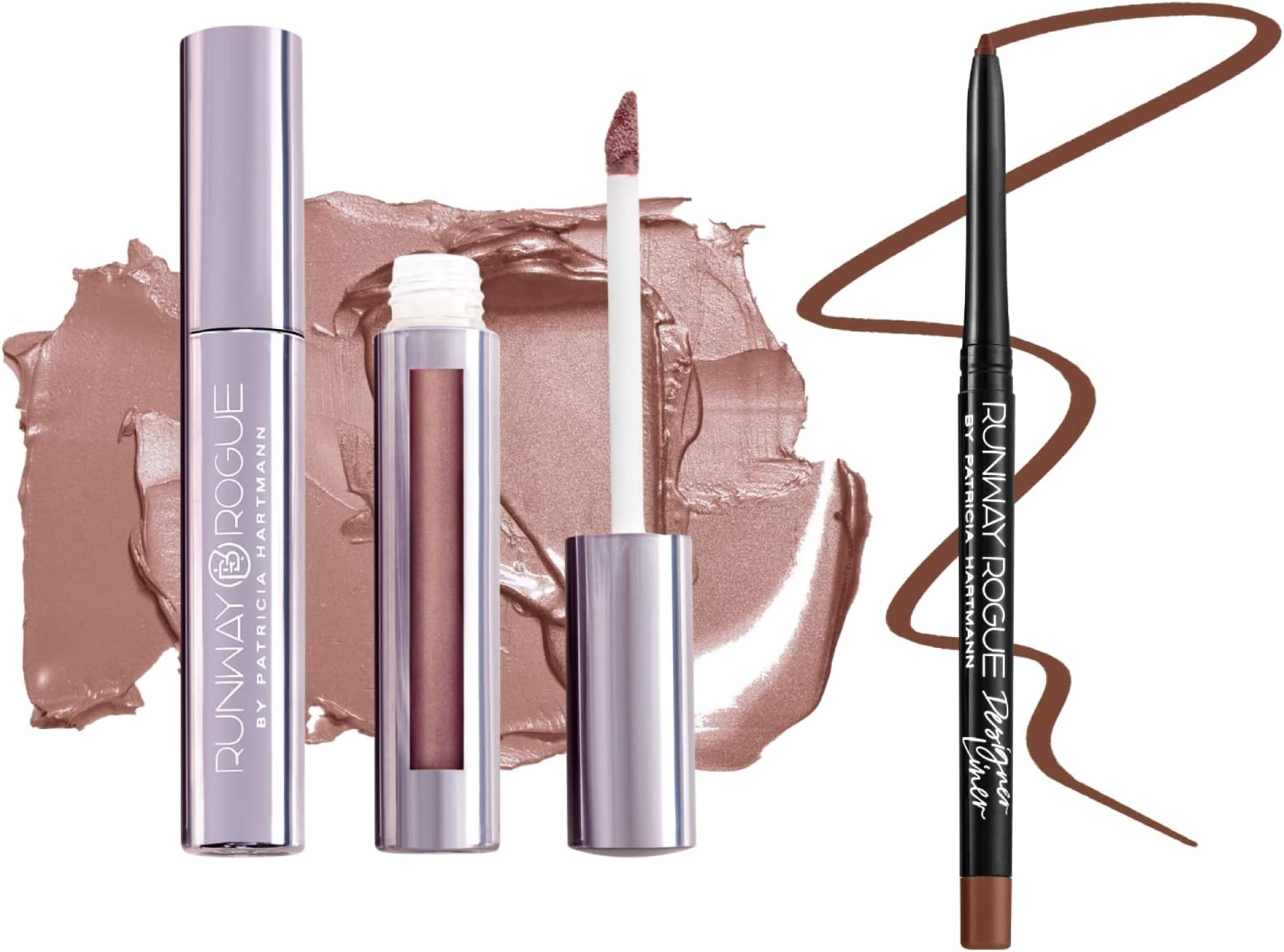 - Runway Rogue ‘Soft Light’ Dark-Pink Pearl Glam Shimmer Long Wear Liquid Lipstick Bundle with ‘Trendsetter’ Soft-Mocha Designer Liner Lip Liner