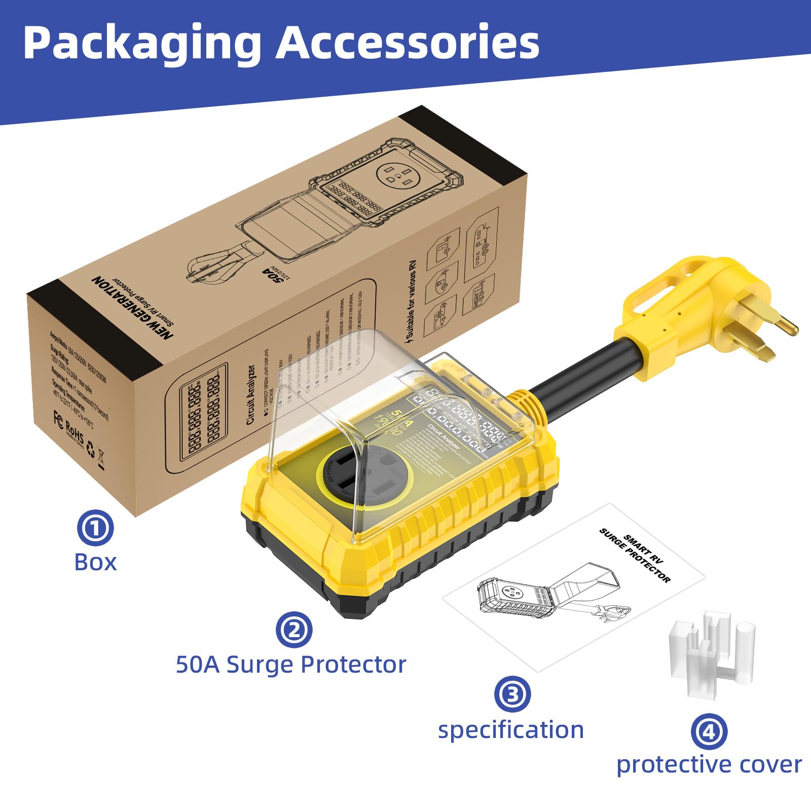 Protector de sobretensiones de 50 amperios para Rv impermeable IP67, 19000 J mejorado RV Power Surge Protector con certificación de seguridad, enchufe adaptador RV para caravana, analizador