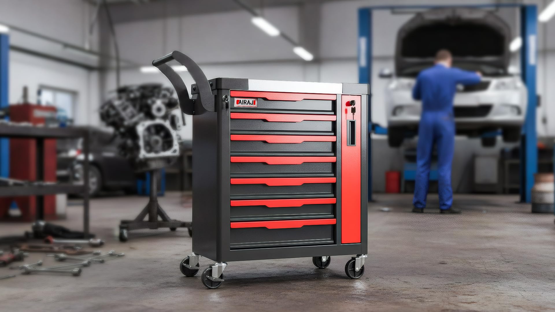 AIRAJ Werkstattwagen,7-Schubladen-Großraum- Werkzeugwagen,multifunktionaler Rollcontainer Mobile Werkstattwagen,geeignet für Garagen, Lagerhäuser,Werkstätten, Reparaturwerkstätten und ähnliche Orte