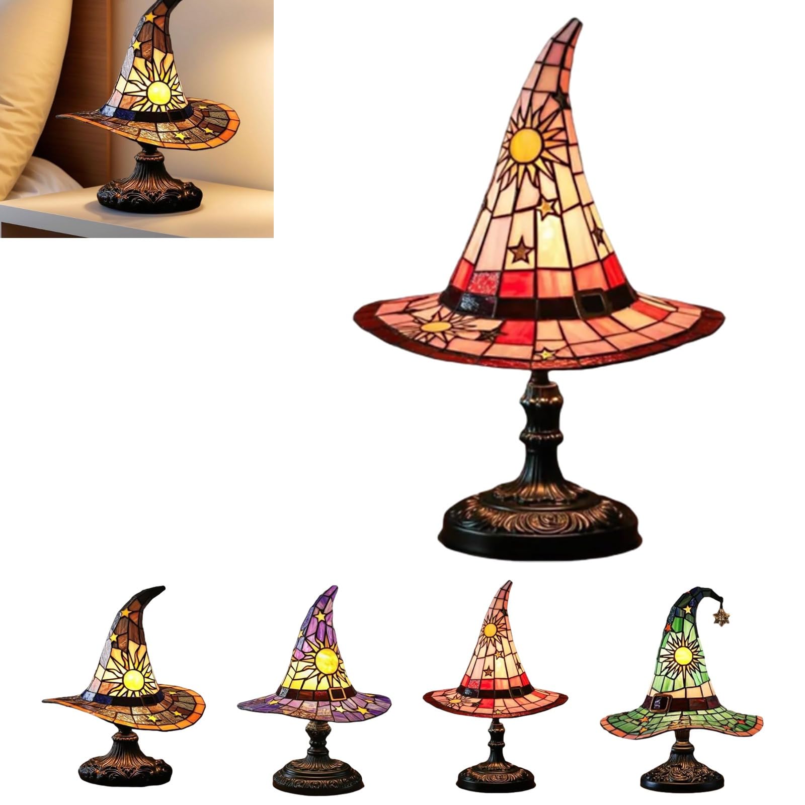 Witch Hat Lamp Resin Stained Glass Lampshade, Halloween Wizard Hat Lamp Gothic Lamps Fun Spooky Lamps, Mystical Decor Halloween Hats Light Decoration for Indoor Party Home(Purple)