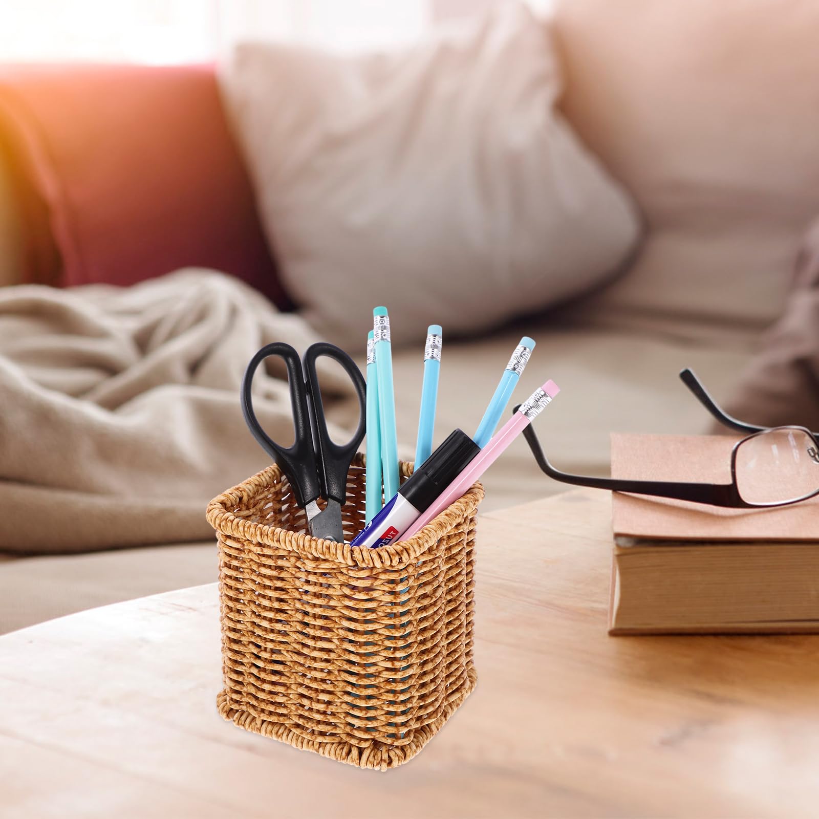 BTSKY 3 Pack Rattan Pen Cup, Handmade Desk Pencil Holders Makeup Brush Holder Multi-Functional Woven Basket Office&Home Desktop Organizer (Cylinder