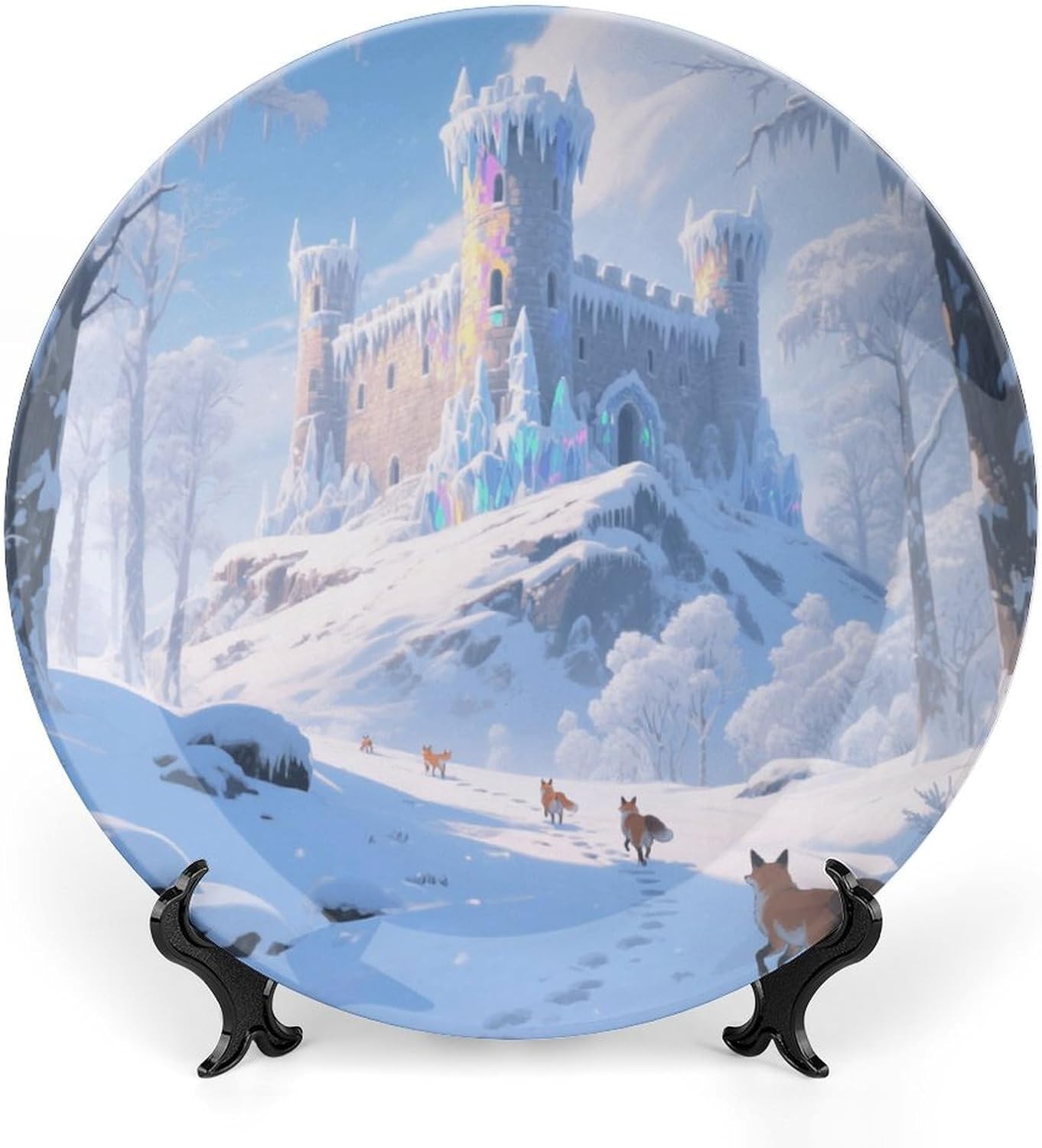 Bone China Decorative Plates Frost And Snow Castle Ceramic Decorative Plate Wall Decor with Display Stand Ceramic Ornaments for Wall Hanging Decoration