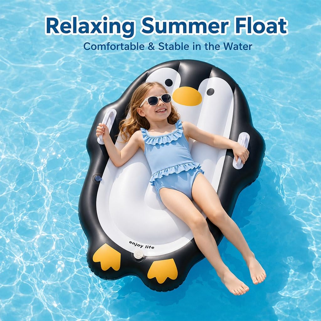 Flotador De Piscina Inflable Pingüino con Dobles Asas, Balsas De PVC De Inflado por Presión, 110 X 70 Cm