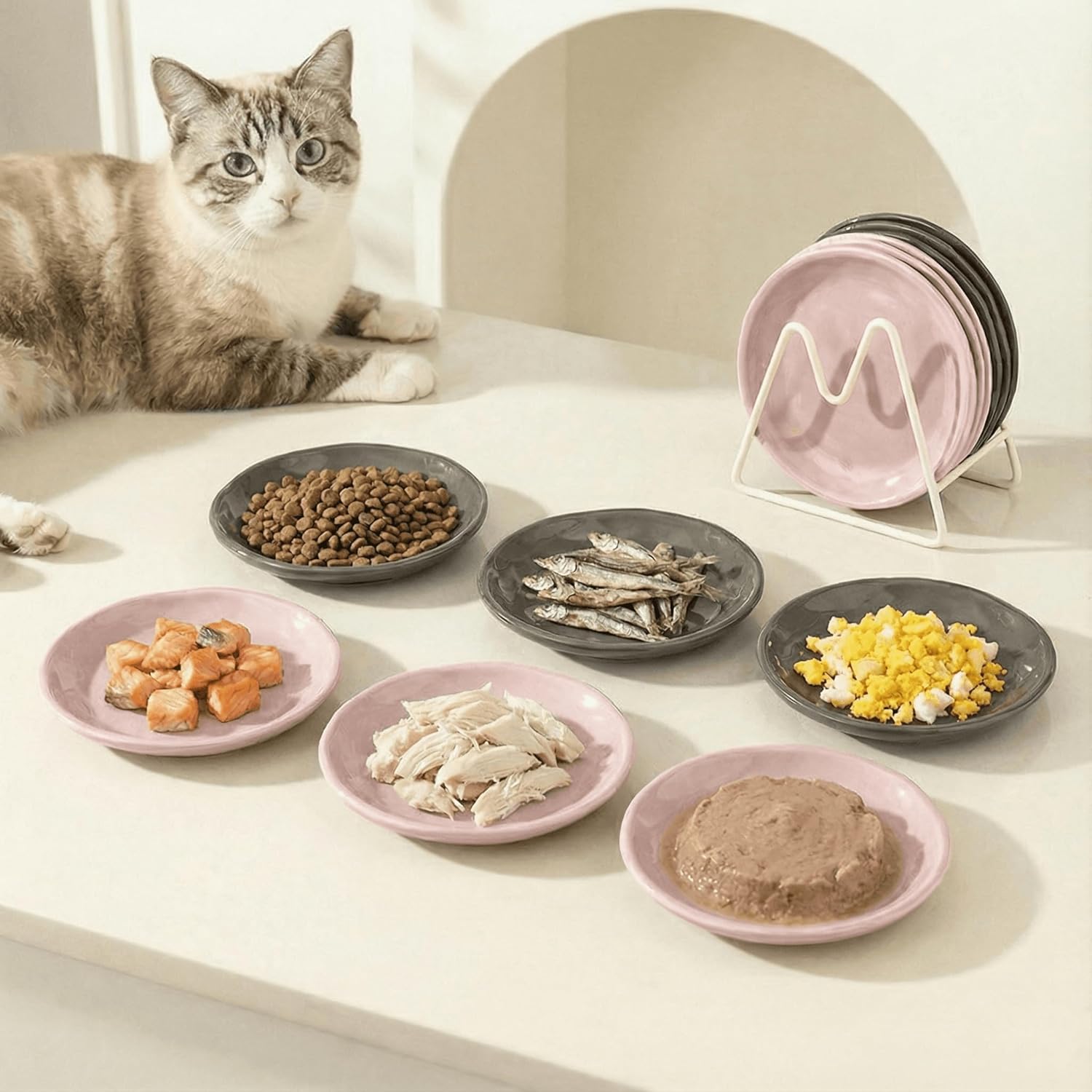 Shallow Cat Bowls 6 Pack, Whisker Friendly Ceramic Cat Dishes for Wet & Dry Food, Wide & Low Design to Reduce Whisker Fatigue, Dishwasher Safe