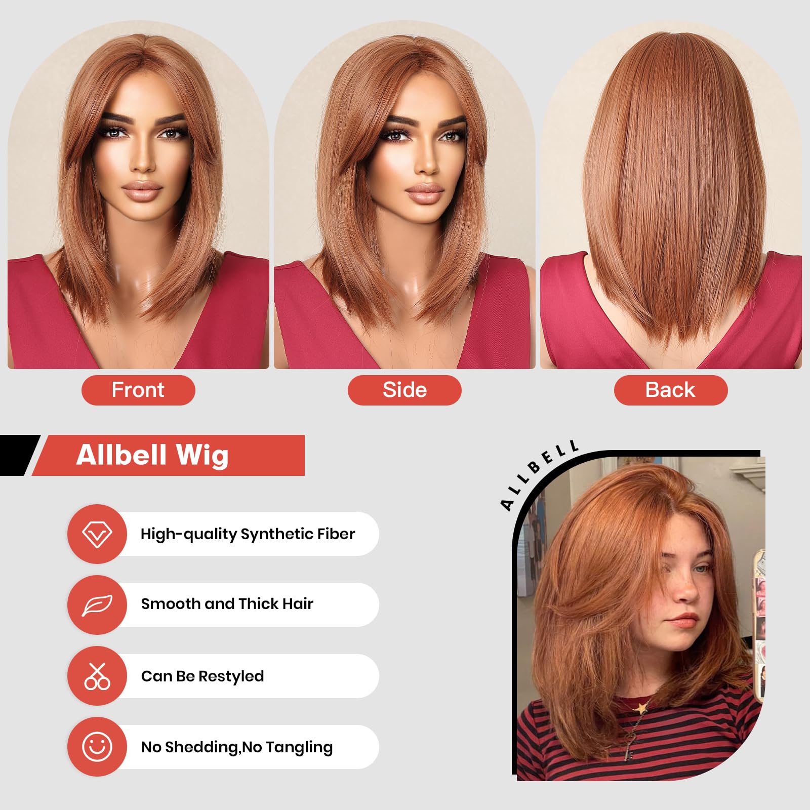 Allbell Short Auburn Bob Wigs for Women with Curtain Bangs Natural Straight and Shoulder Length Synthetic Hair Wig for Daily Wear & Costume Use - Image 4