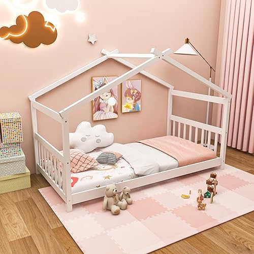 Miniatura 3 de Cama de casa Giantex tamaño twin, cama de madera maciza para niños con techo, cabecero y estribo, base de cama de piso bajo tamaño twin para niños