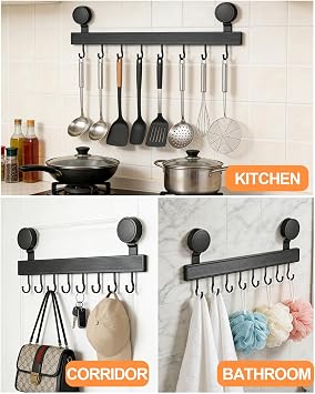 Utensil Rack with Suction Cup, Kitchen Rail 20kg Load Capacity, 40cm Kitchen Utensils Holder Wall Mounted with 8 Sliding Hooks for Spoon Spatula and Cooking Accessories - No Drilling