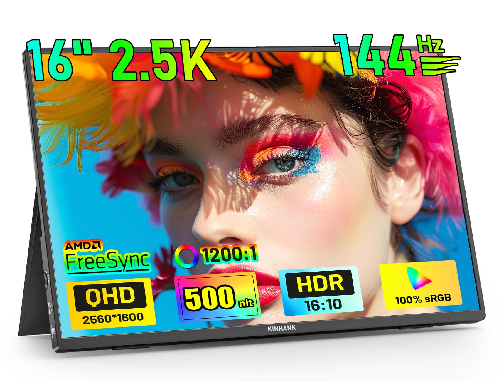 Kinhank Portable Monitor 2.5K|144Hz|16 Inch|500Nits|HDR|FreeSync|100%sRGB|1200:1 IPS Laptop Screen with HDMI USB C for Laptop Mac PC PS4/5 Xbox Switch, with Protective Case, VESA Compatible