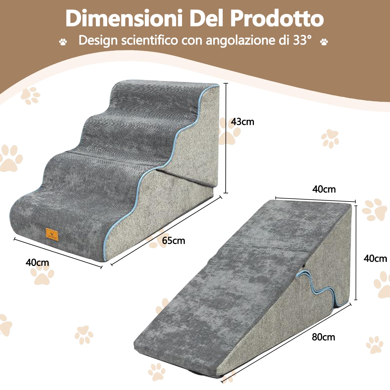 Galatée Scaletta Pieghevole Per Animali Domestici, Completamente Sfoderabile e Lavabile, Imbottita In Spugna, Antiscivolo e Resistente All'Usura, Adatta Sia a Cani Che a Gatti (Grigia)