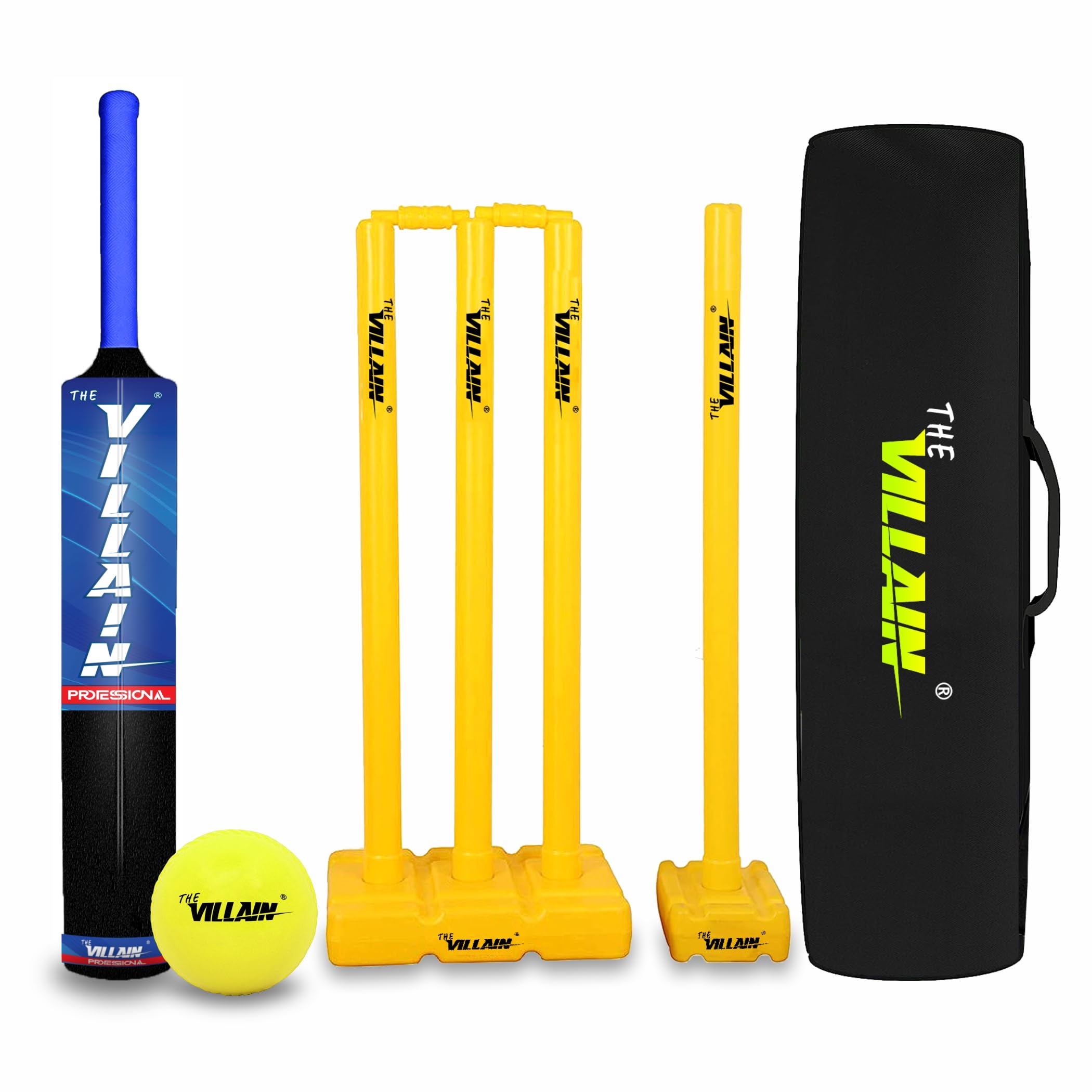 THE VILLAIN New Cricket Set 1 Plastic Bat + 3 Plastic Stumps + 1 Tennis Ball + 1 Cover | Full Size (Black-Blue) | Complete Set for Kids & Adults, Ideal for Beginners, Durable & Lightweight