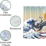 Rideaux de douche de chat amusant, Baleine d'équitation de chat dans l'océan japonais Ensembles de rideaux de douche Kanagawa Waves, Tissu imperméable Rideau pour enfants nautiques avec crochets pour salle de bain Décor - 72" x 72"