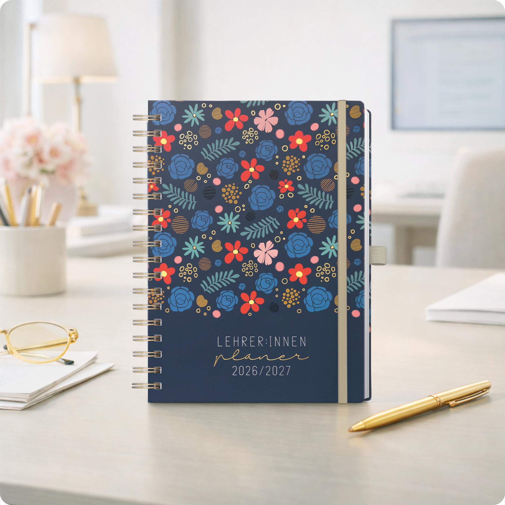 Häfft® Lehrer-Planer 2026/2027 Deluxe A5+ Lehrerkalender mit Hardcover und Spiralbindung, Schulplaner 26/27 für Grundschule, weiterführende Schulen & Referendariat "Flowers & Leaves"