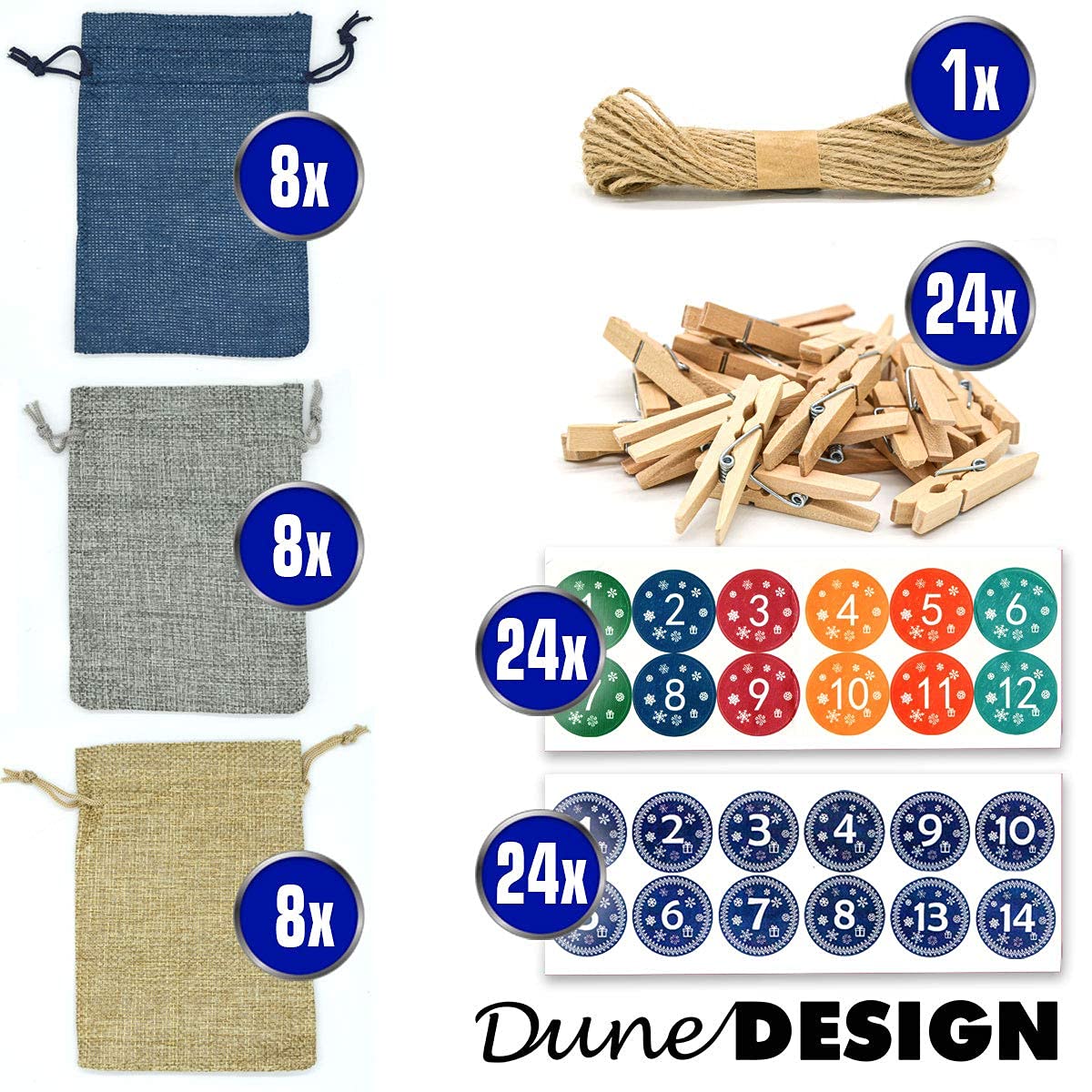 DuneDesign Calendario de Adviento para rellenar - DIY 24 bolsitas de tela con guirnalda y juego de pegatinas - Calendario de Navidad para rellenar tú mismo Bolsitas de Adviento para rellenar Niños — view 6