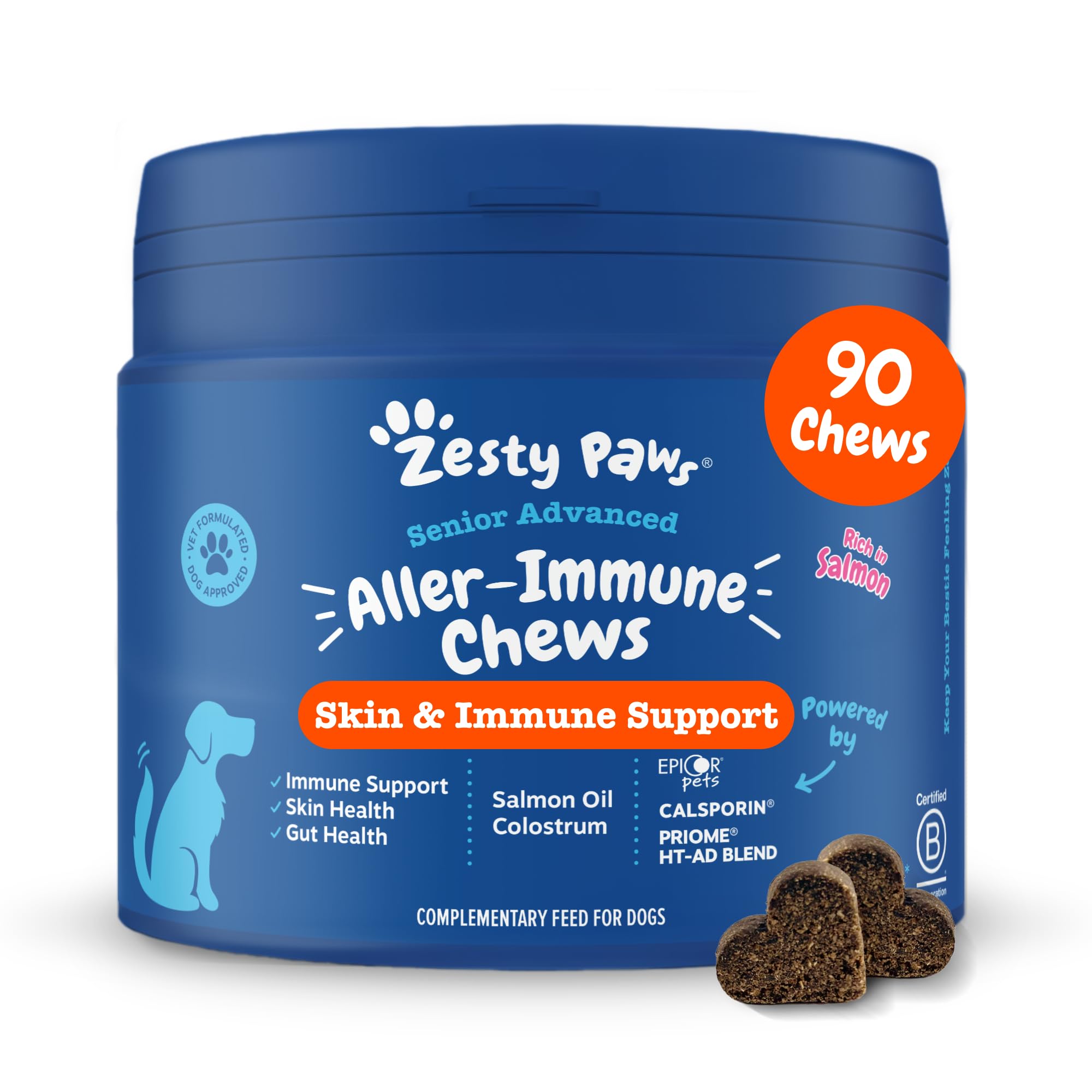 Zesty Paws Suplemento para Perros | Alivio de alergias e inmunidad | Antipicazón y Alivio de la Piel con antihistamínico | Aceite de salmón y Omega 3 | 90 Piezas