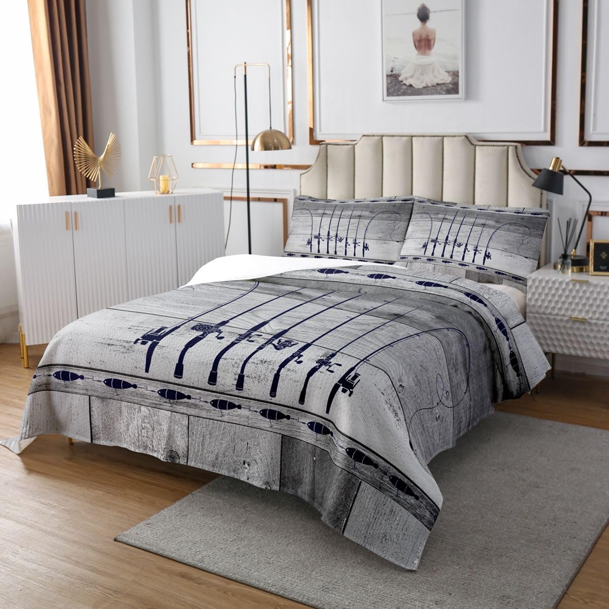 Erosebridal Fishing Coverlet Set Queen Fishing Pole Quilt Set Fishing Gifts for Men,Vintage Patchwork Wood Bedspread Set Go Fish Bed Set,Angle Hook Fishing Accessories Rustic Home Decor,Grey