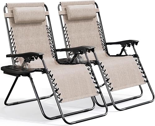 Nestl Zero Gravity - Juego de 2 sillas de patio al aire libre con almohadas y bandejas portavasos, silla de campamento reclinable de malla de acero