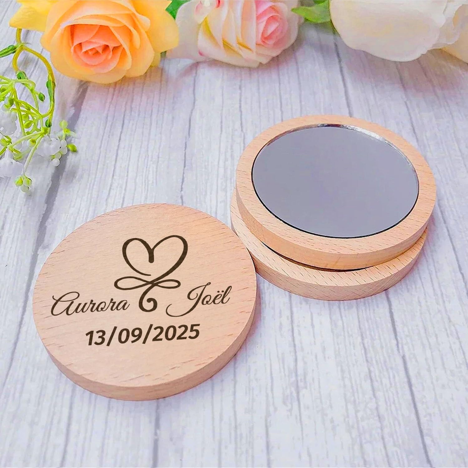 Specchietti Compatti In Legno Personalizzati For Donna, Specchietto Tascabile For Il Trucco Personalizzato Con Incisione, Idea Regalo Personalizzata For Gli Ospiti, Matrimonio, Save The Dat(30 pcs)