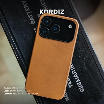 KORDIZ Impact Leather Case for iPhone 17 Pro Full-Grain Leather MagSafe Case with Camera Control Button 360 Shockproof Bumper Rugged Patina-Ready Protection Slim Grip Cover (Black)