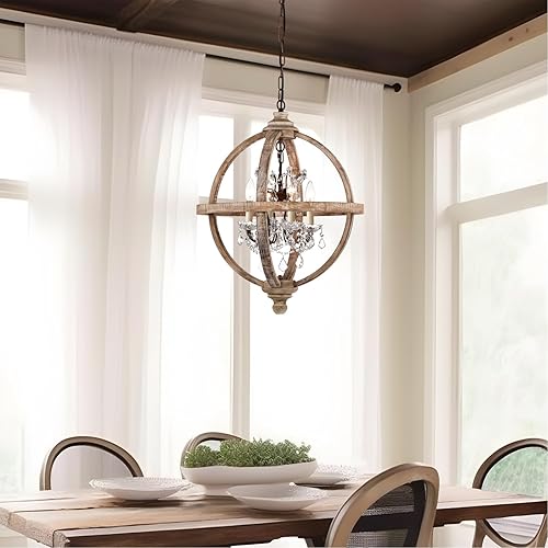 Miniatura 5 de Cawabien Candelabro de metal y madera con 4 luces, estilo rústico con cristales transparentes, lámpara de techo de madera vintage para cocina,