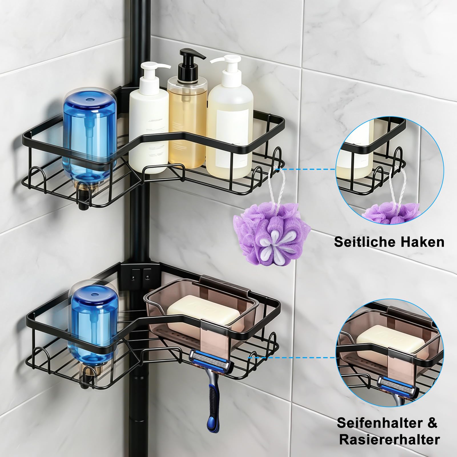 Duschablage ohne Bohren, Duschablage, Badezimmer Organizer – L-förmiges 4-Ebenen Eckregal aus Carbonstahl, matt schwarz, 85-316 cm, 25 mm Rohr, höhenverstellbar, verstellbare Ebenen