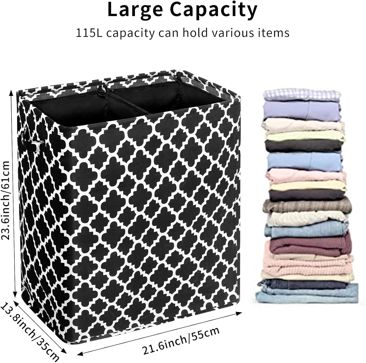 WOWLIVE Freestanding Laundry Hamper Large Laundry Basket with Handles Collapsible Dirty Clothes Storage Basket Waterproof Durable Clothes Hamper Easy to Carry (115L/Double, Black)