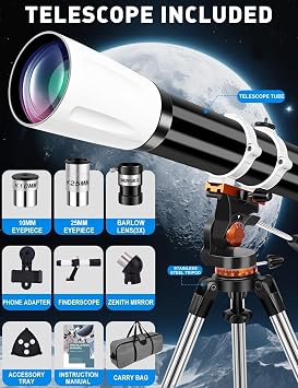 Telescope for Adults High Powered 90mm Aperture 800mm,Refractor Telescopes for Astronomy Beginners with AZ Mount Tripod,Phone Adapter,Carry Bag (80090black-white)