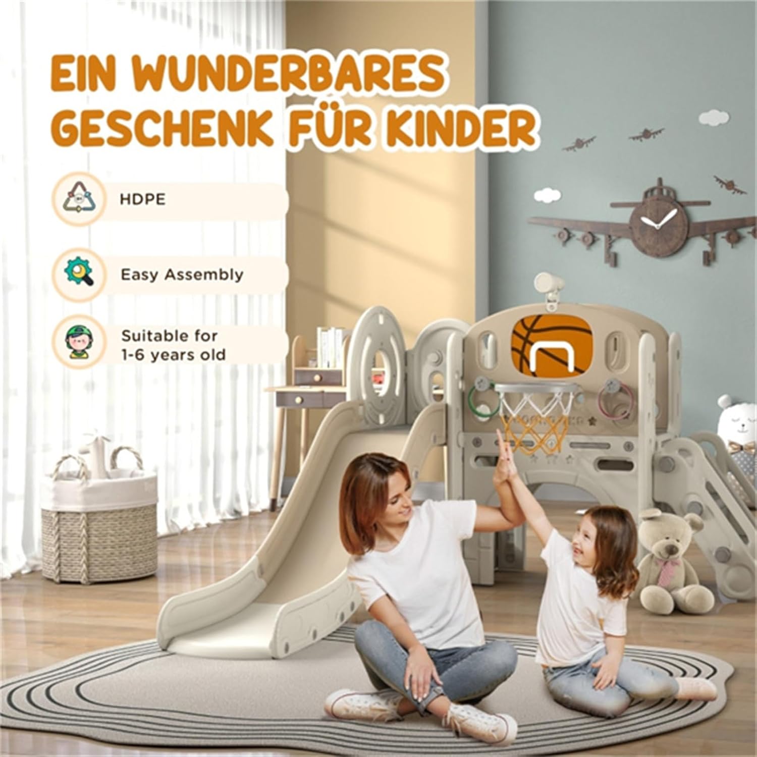 Children's Fun Slide Set with Tunnel Basketball Hoop Children's Slide Children's Indoor and Outdoor Entertainment Facilities Suitable for 1-6 Years Old Cream White
