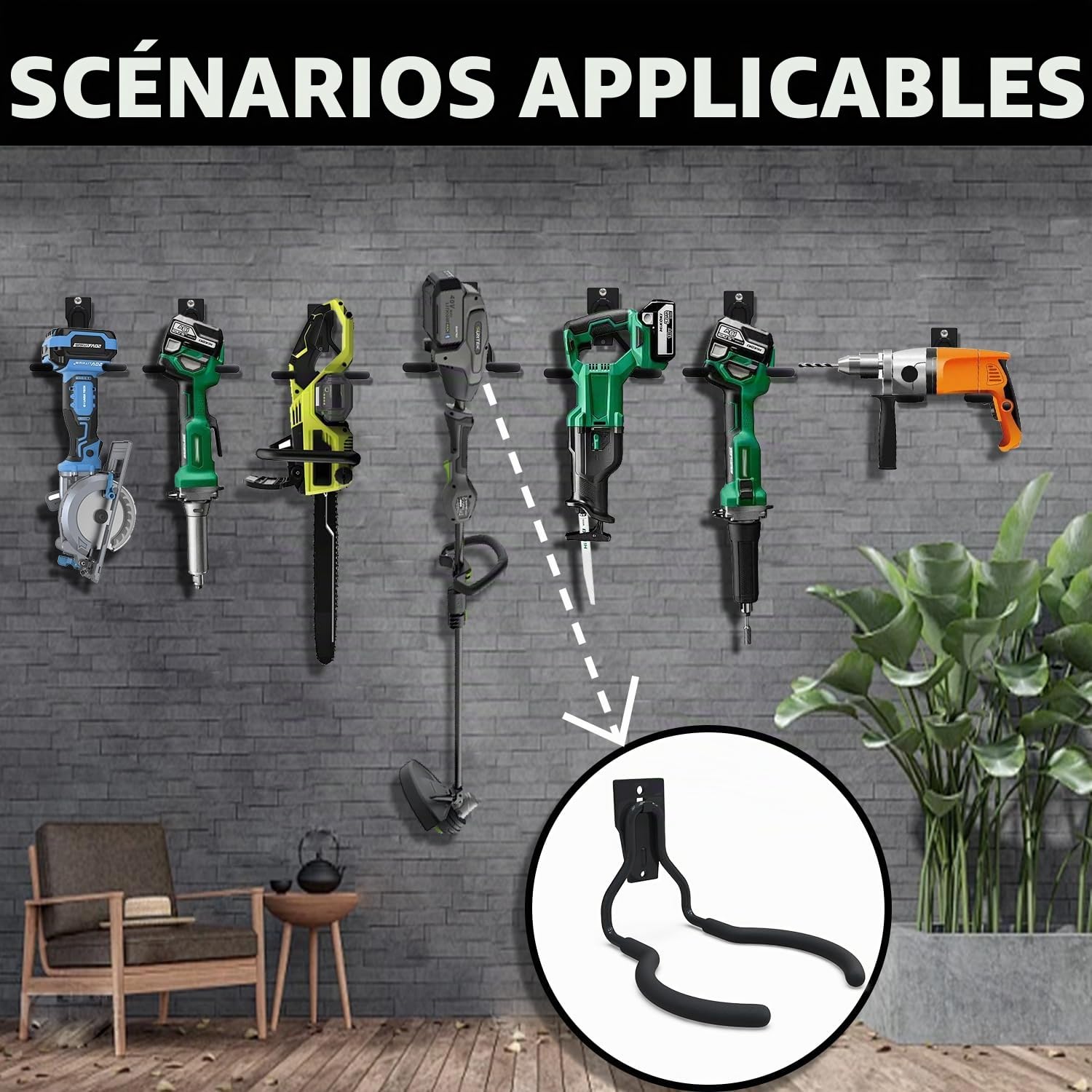 3-H Lot de 6 Crochet Mural Garage Robuste, Support Mural Universel pour Débroussailleuse, Tondeuse et Coupe-Bordures - Charge 50 kg, Rangement Outils électriques et Outils de Jardin Lourds