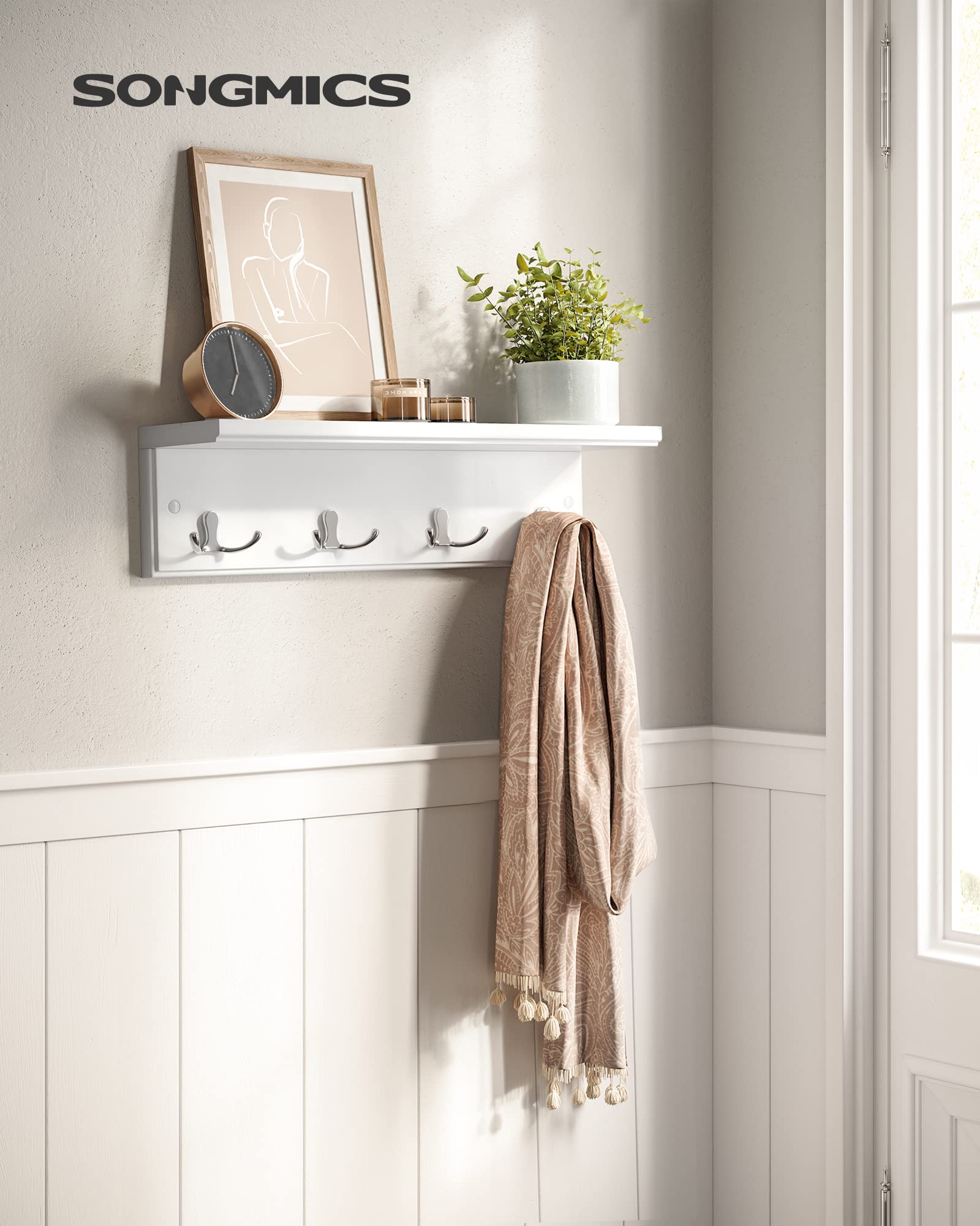 SONGMICS Wandgarderobe mit Ablage, Flurgarderobe, Garderobe für Wand, Garderobenleiste mit 4 Doppelhaken aus Metall, für Mäntel, Taschen, für Flur, Schlafzimmer, Wohnzimmer, weiß LHR42WT