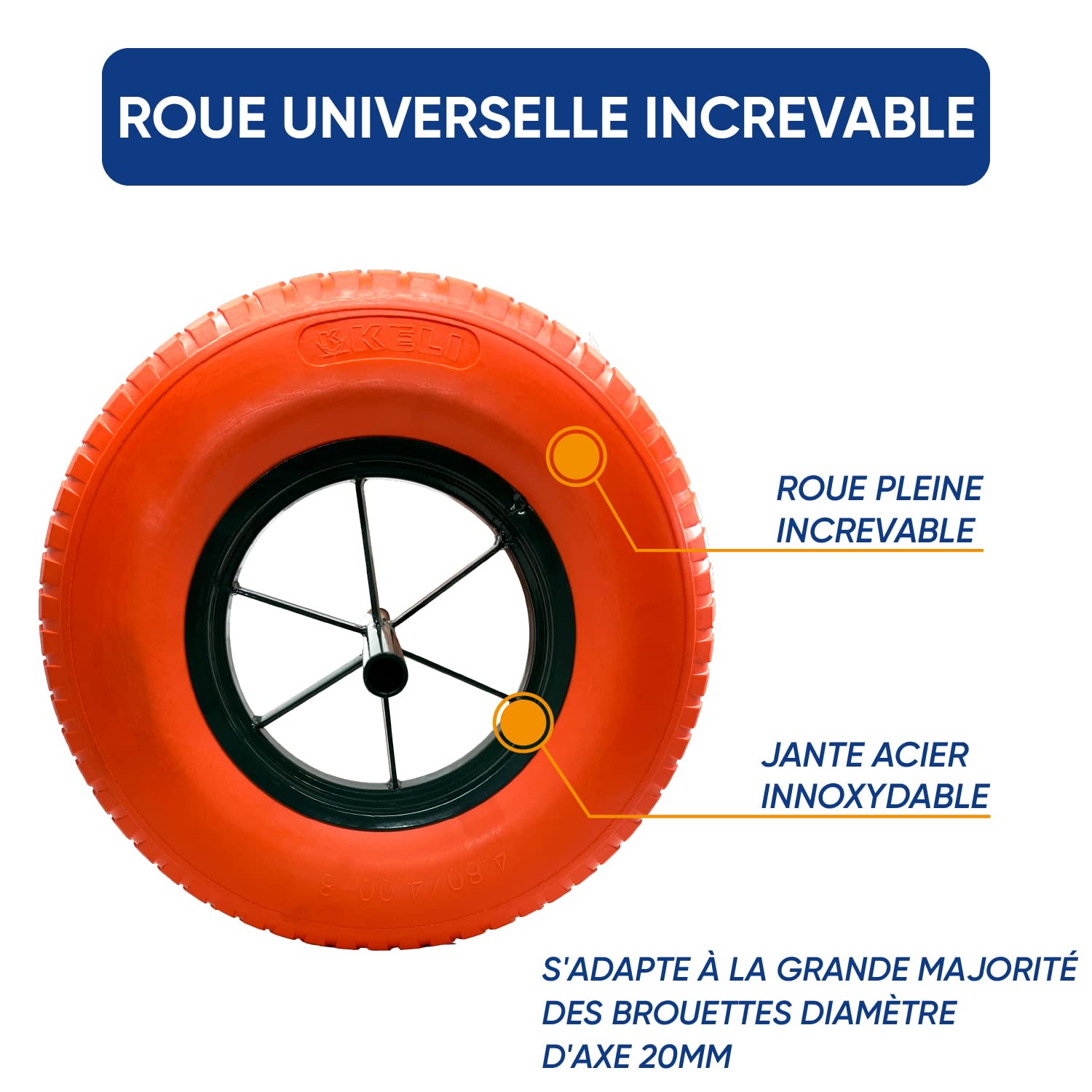 KELI - Roue Increvable, Diamètre 400mm, Axe 20mm, Charge Max. 250KG (550 lbs), Ultra Résistante, Idéal pour Brouette (Orange)